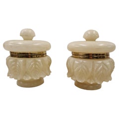 Pair of Alabaster Urns / Lidded Boxes, Hand Carved, 1920s, Italy