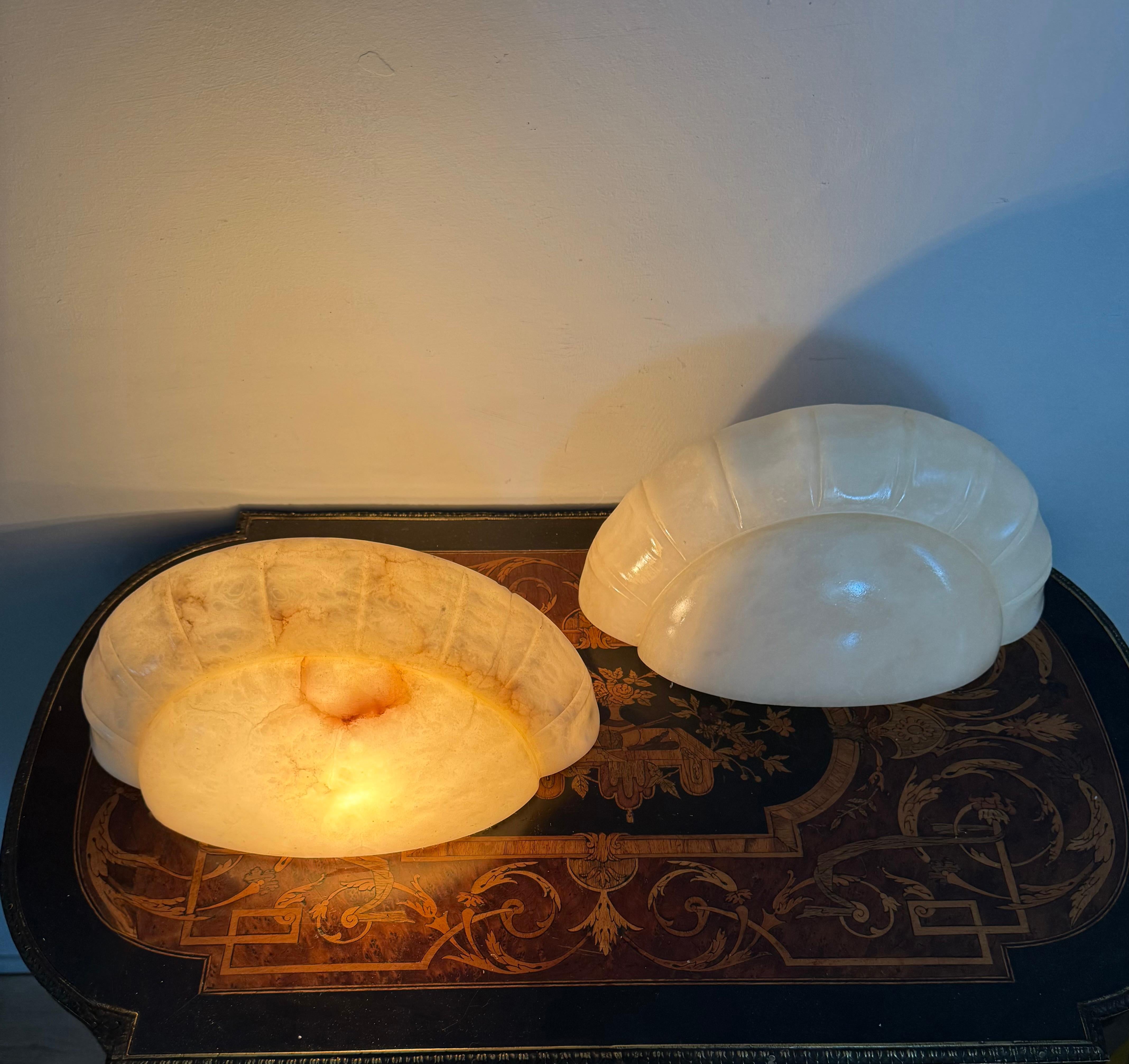 Pair of Alabaster Wall Sconces / Lights with Sculpted Bamboo-Style Edge, 1970s en vente 9