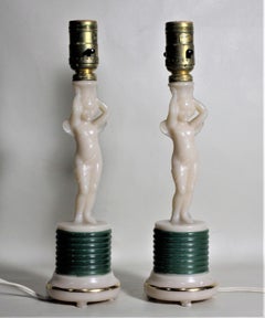Pair of Aladdin Art Deco Figural Winged Cherub Glass Table or Boudoir Lamps