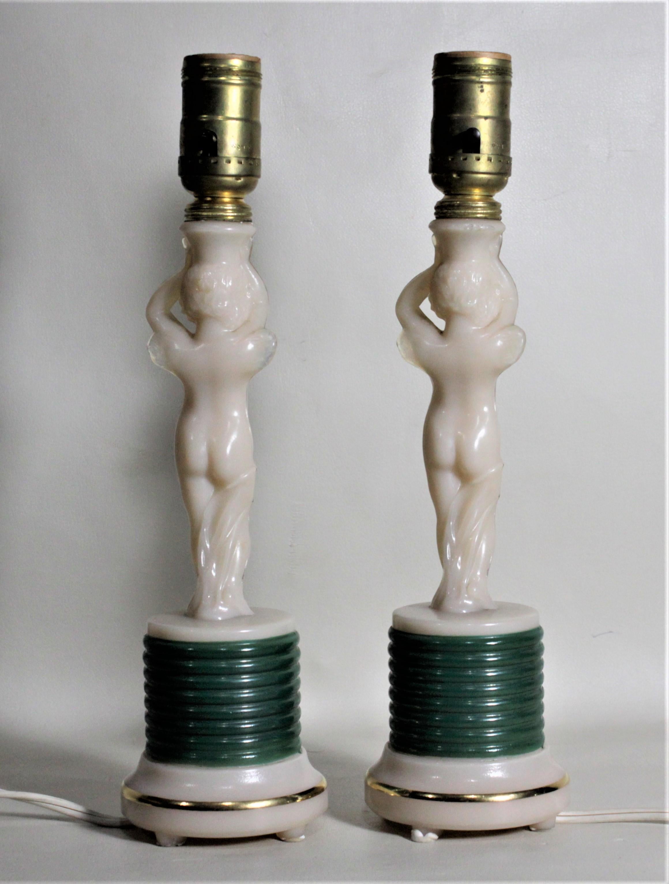 American Pair of Aladdin Art Deco Figural Winged Cherub Glass Table or Boudoir Lamps For Sale