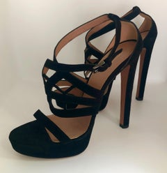Pair of Alaïa Black Laser Cut Lattice Strap Suede Leather Stiletto Heel Sandals