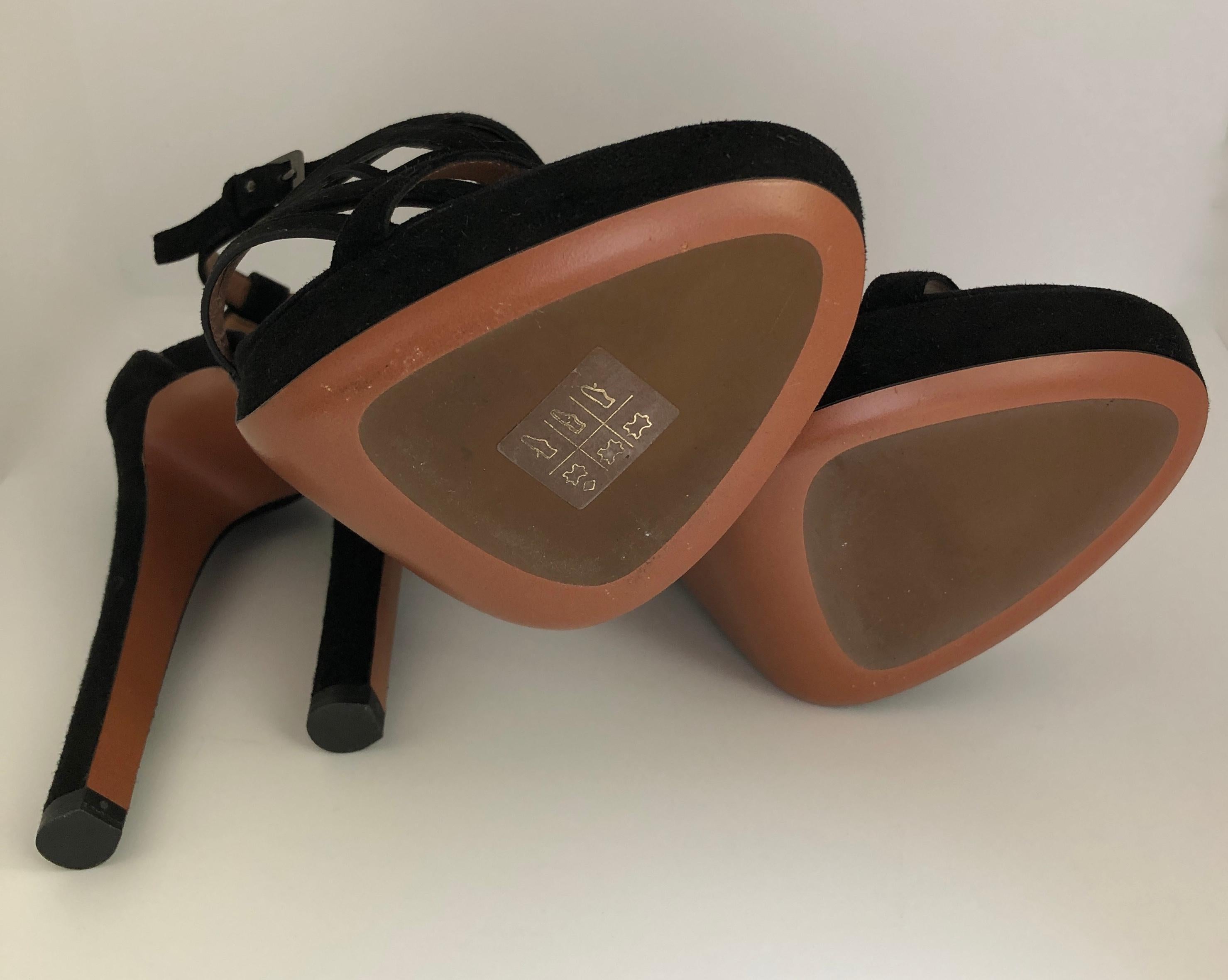 Pair of Alaïa Black Laser Cut Lattice Strap Suede Leather Stiletto Heel Sandals For Sale 1