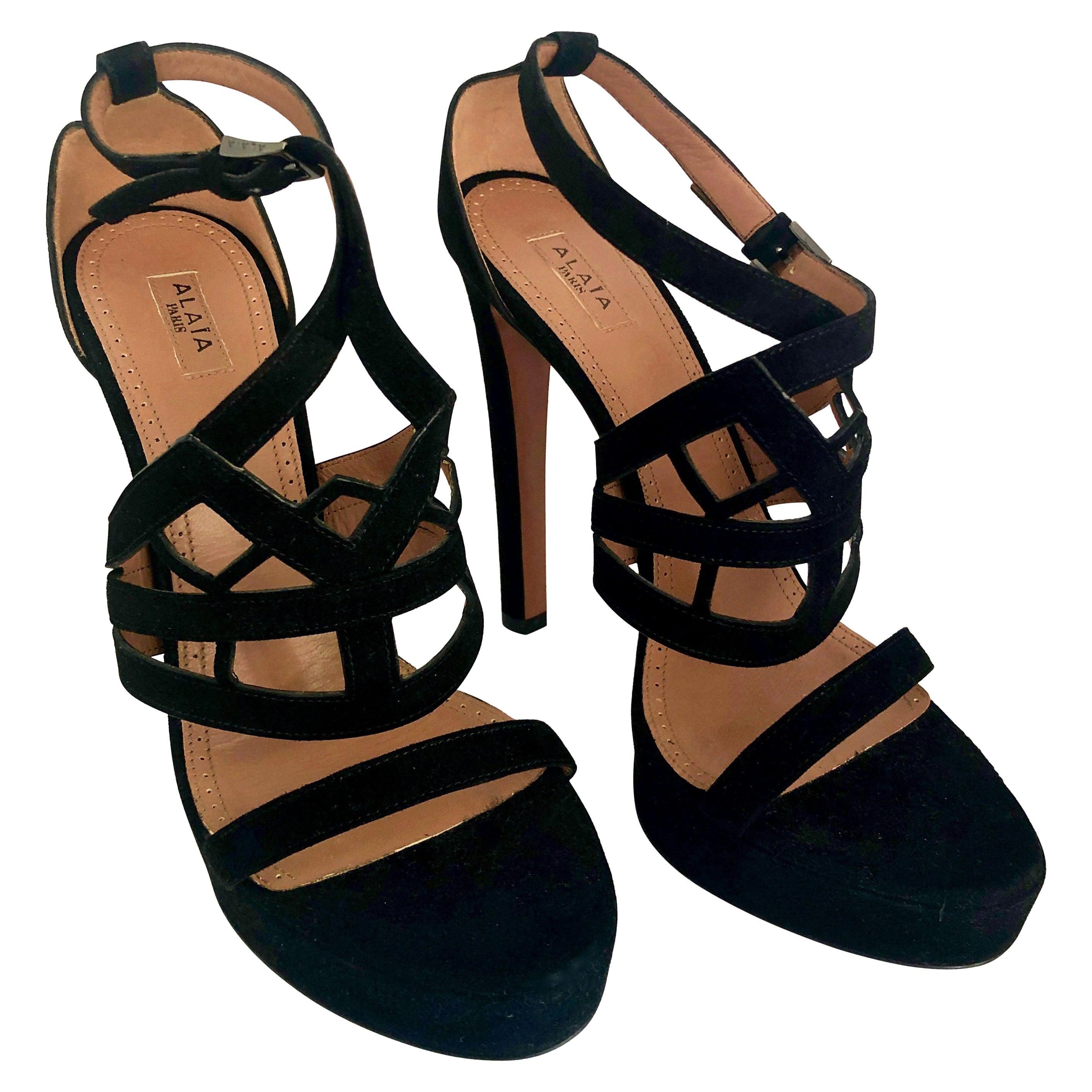 Pair of Alaïa Black Laser Cut Lattice Strap Suede Leather Stiletto Heel Sandals For Sale