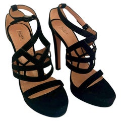 Pair of Alaïa Black Laser Cut Lattice Strap Suede Leather Stiletto Heel Sandals