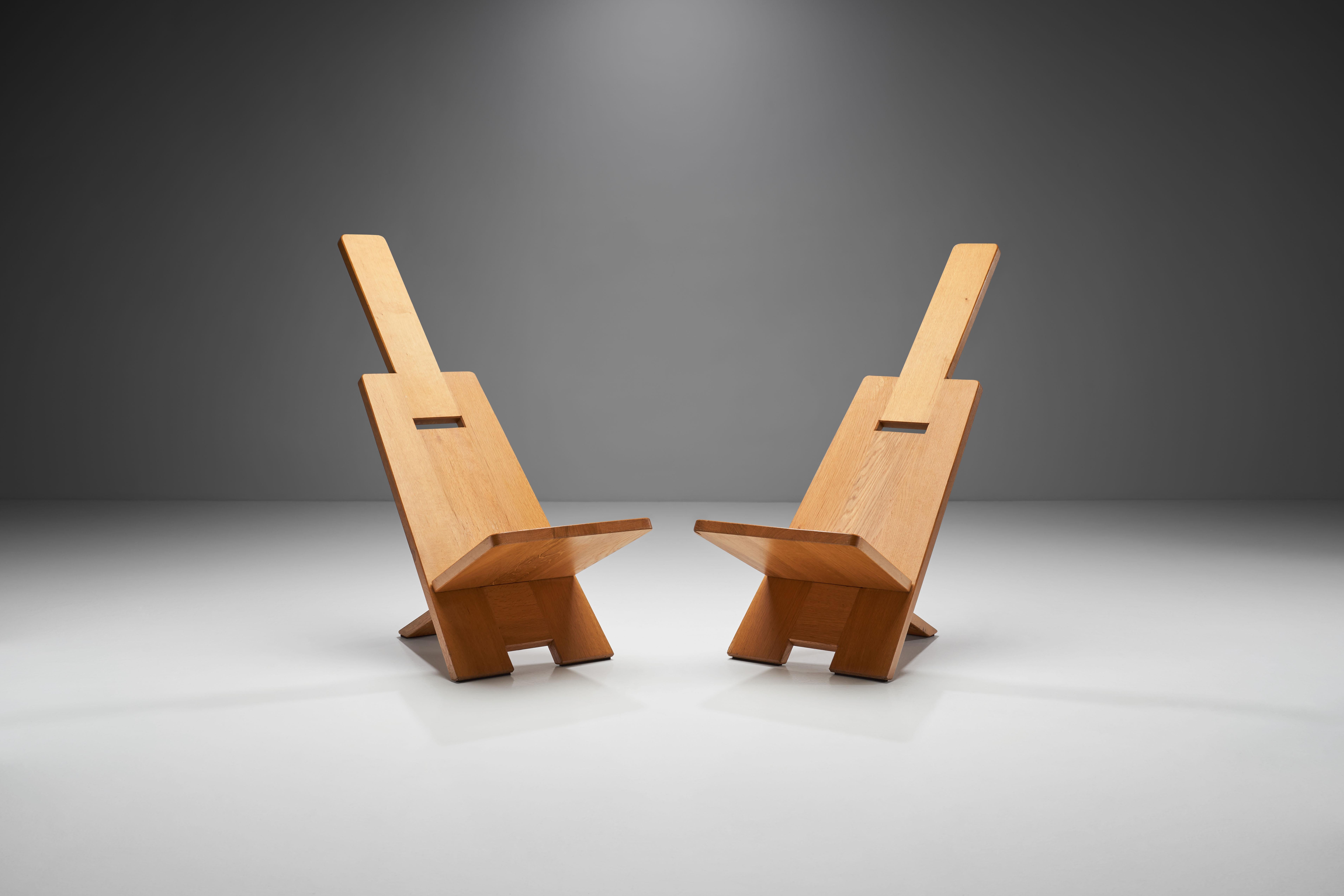 This pair of chairs by French designer, Alain Gaubert is an eye-catching nod to Minimalist design. The construction is as ingeniously simple as it is visually striking.

The chairs are made of solid oak, and each was crafted using just two planes