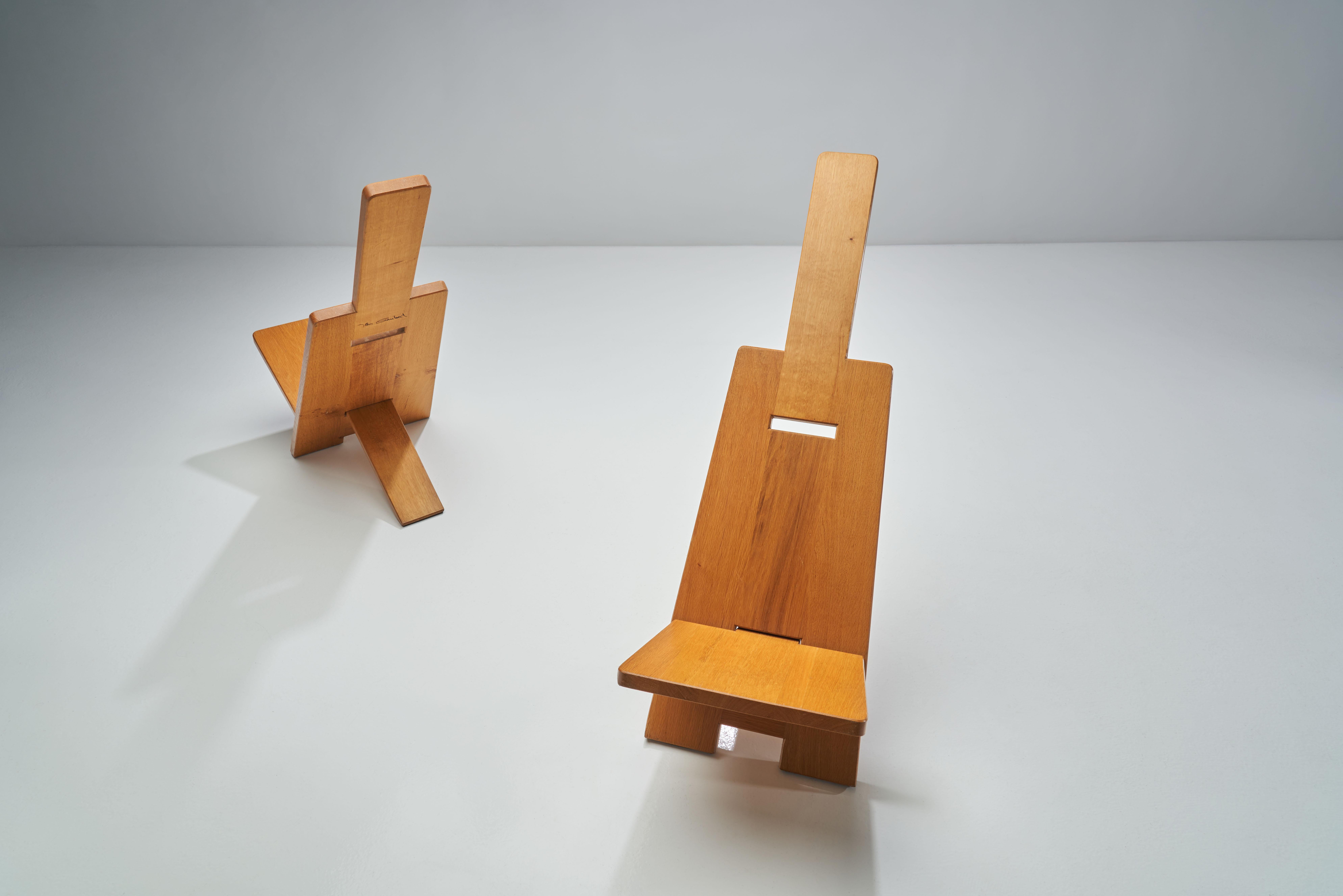 Oak Pair of Alain Gaubert “Africanist” Chairs, France, 1980s