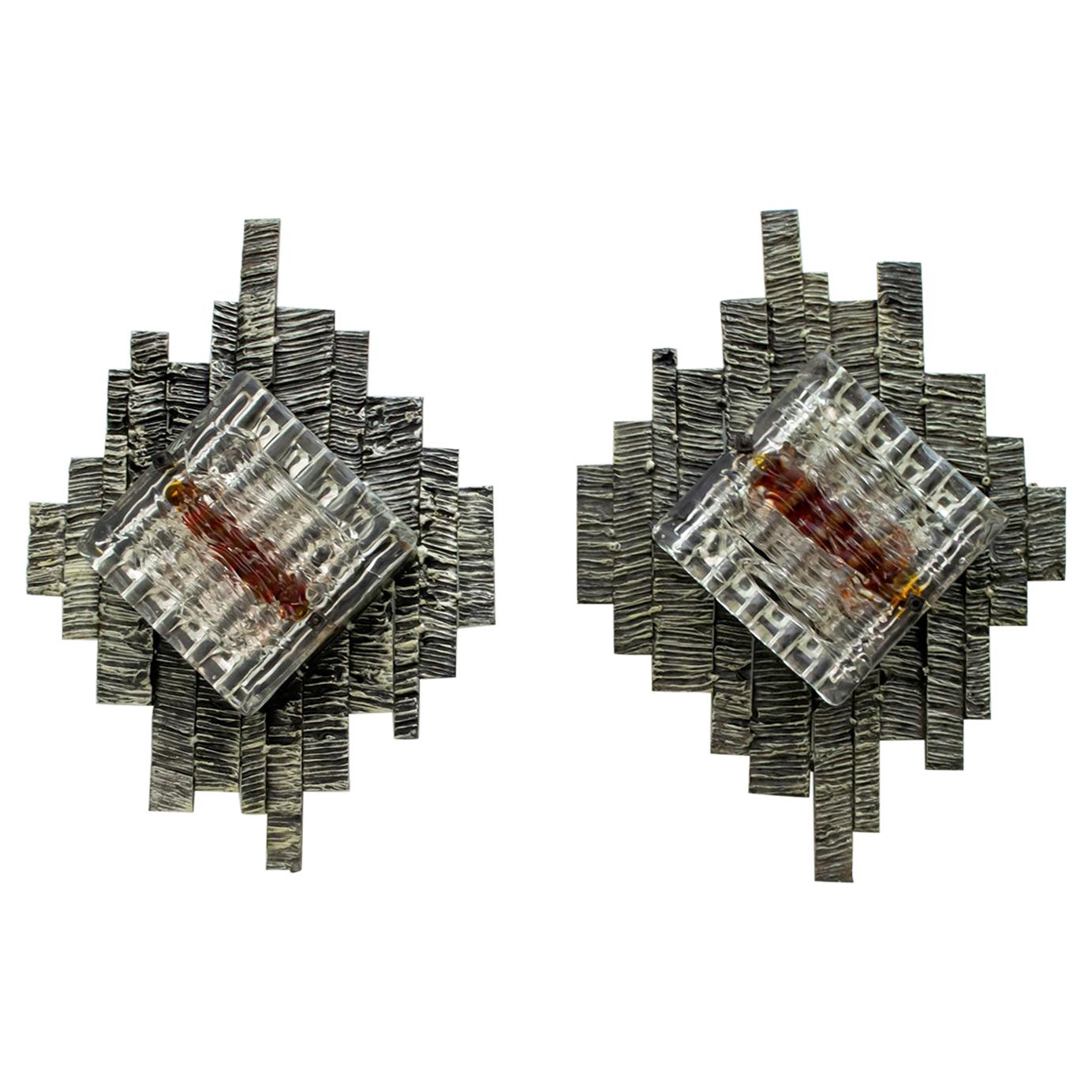 Pair of Albano Poli Brutalist Style Murano Glass Sconces by Poliarte, 1970s For Sale