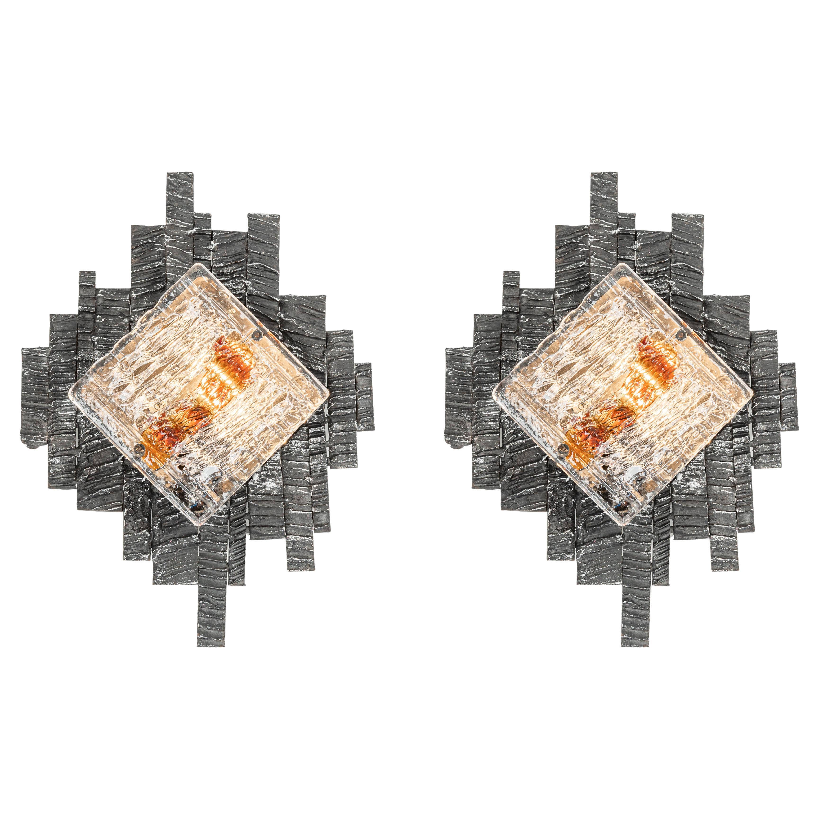 Pair of Albano Poli Brutalist Style Murano Glass Sconces by Poliarte, 1970s