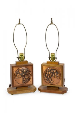 Pair of Albert Gilles French Art Deco Embossed Copper Table Lamps