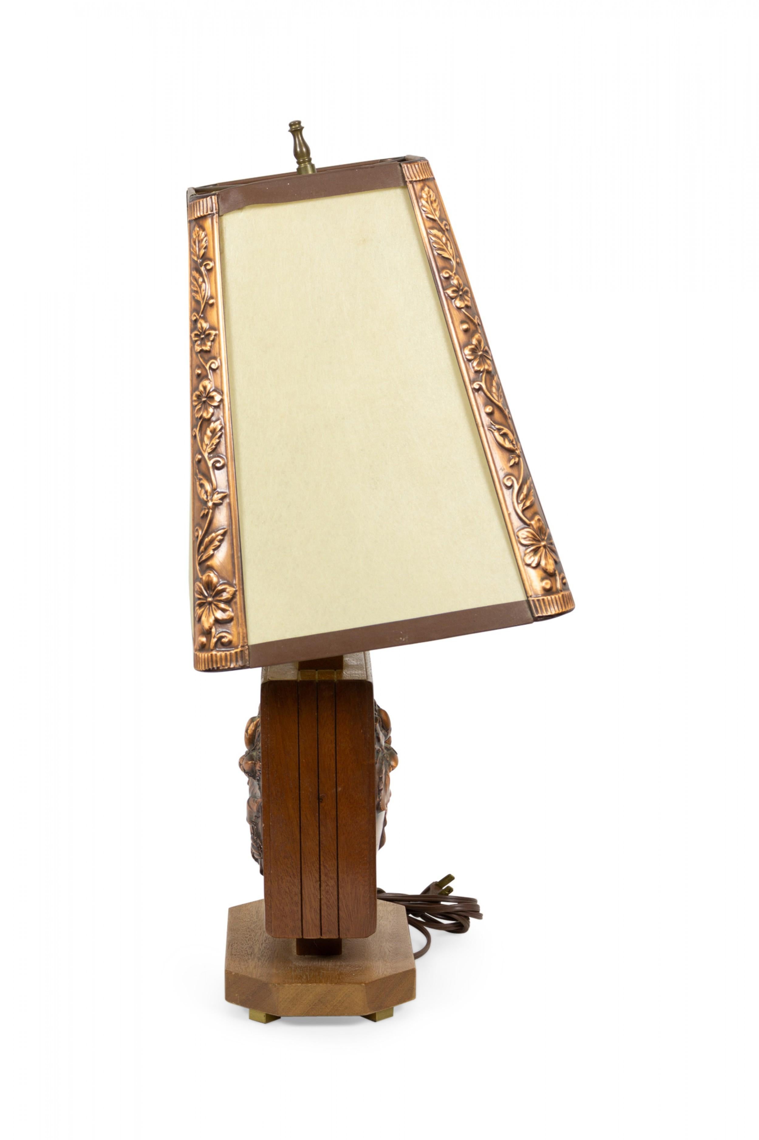 20th Century Pair of Albert Gilles French Art Deco Embossed Copper Table Lamps For Sale