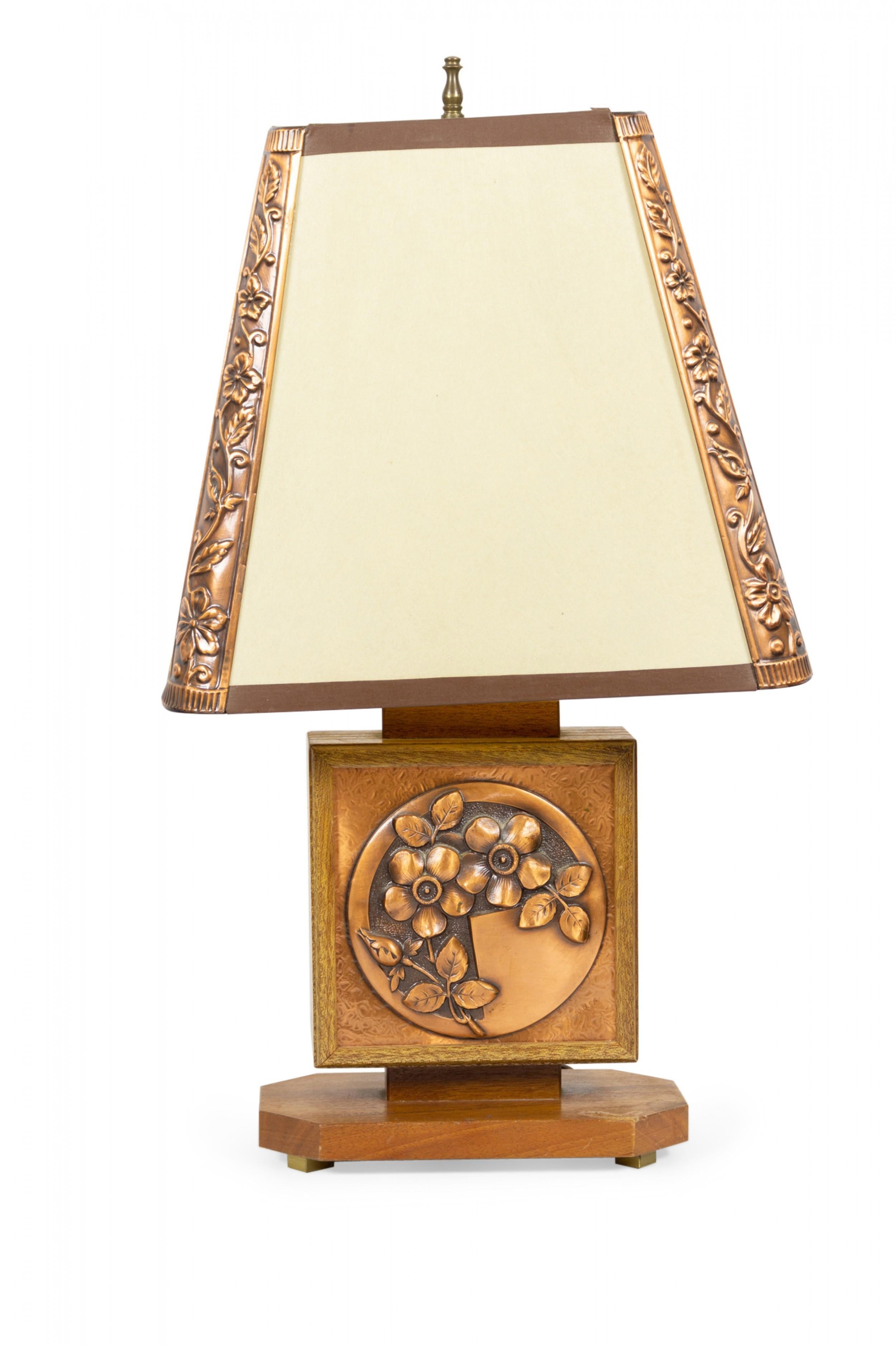 Pair of Albert Gilles French Art Deco Embossed Copper Table Lamps For Sale 2