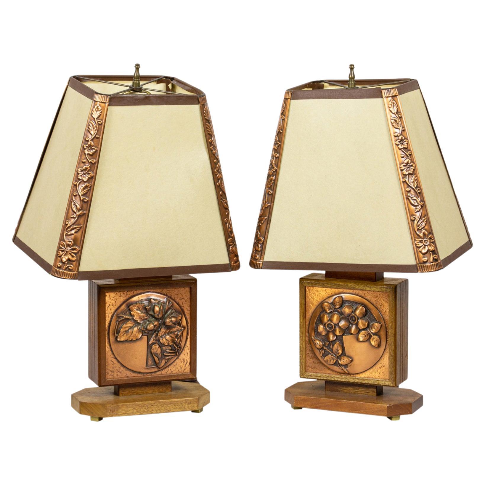 Pair of Albert Gilles French Art Deco Embossed Copper Table Lamps For Sale