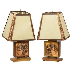 Vintage Pair of Albert Gilles French Art Deco Embossed Copper Table Lamps