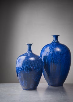 Pair of Albert Kiessling blue crystalline ceramic vases