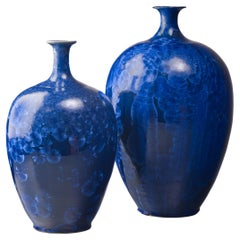 Pair of Albert Kiessling blue crystalline ceramic vases