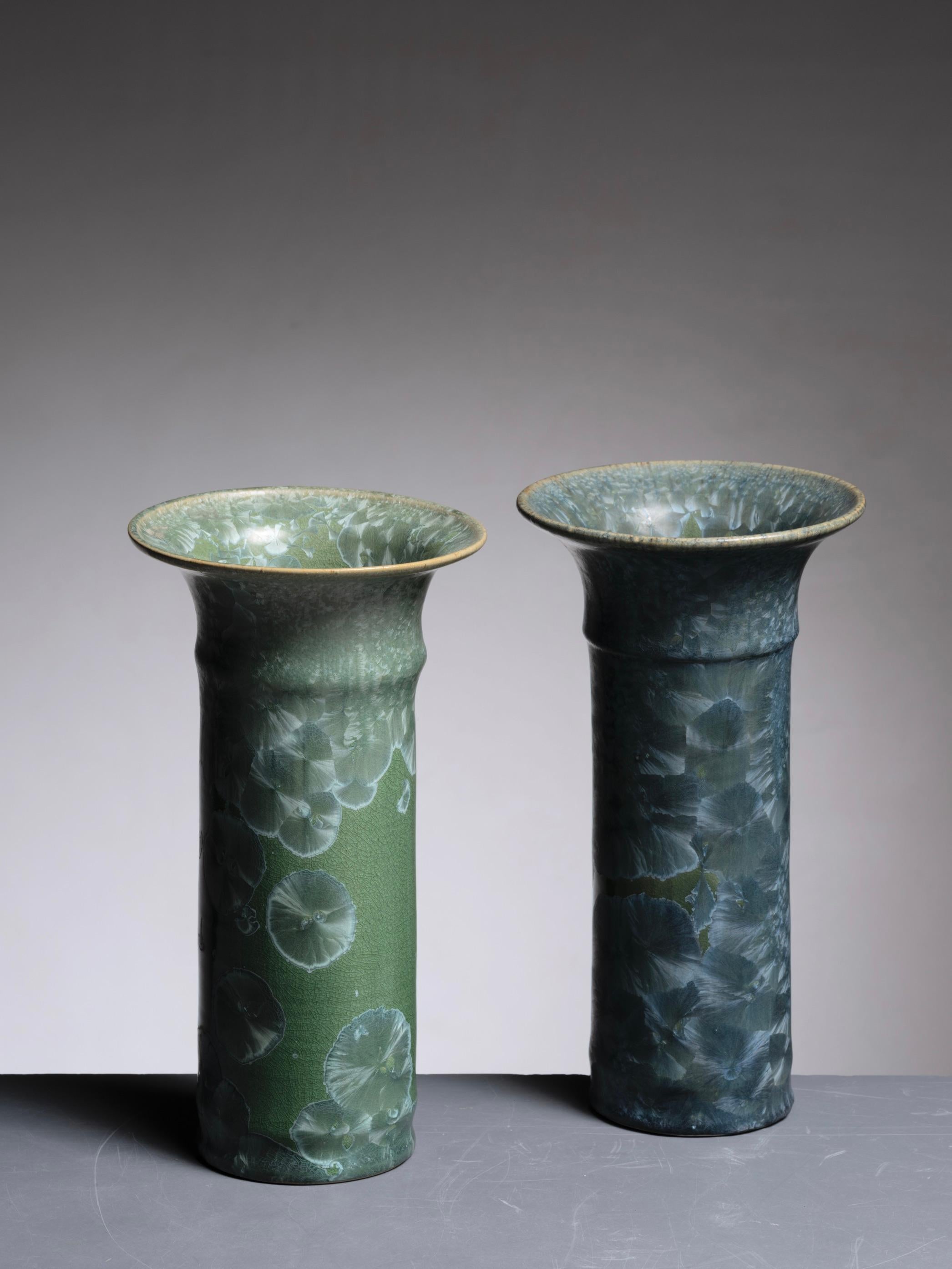 Mid-Century Modern Pair of Albert Kiessling Green Ceramic Vases For Sale