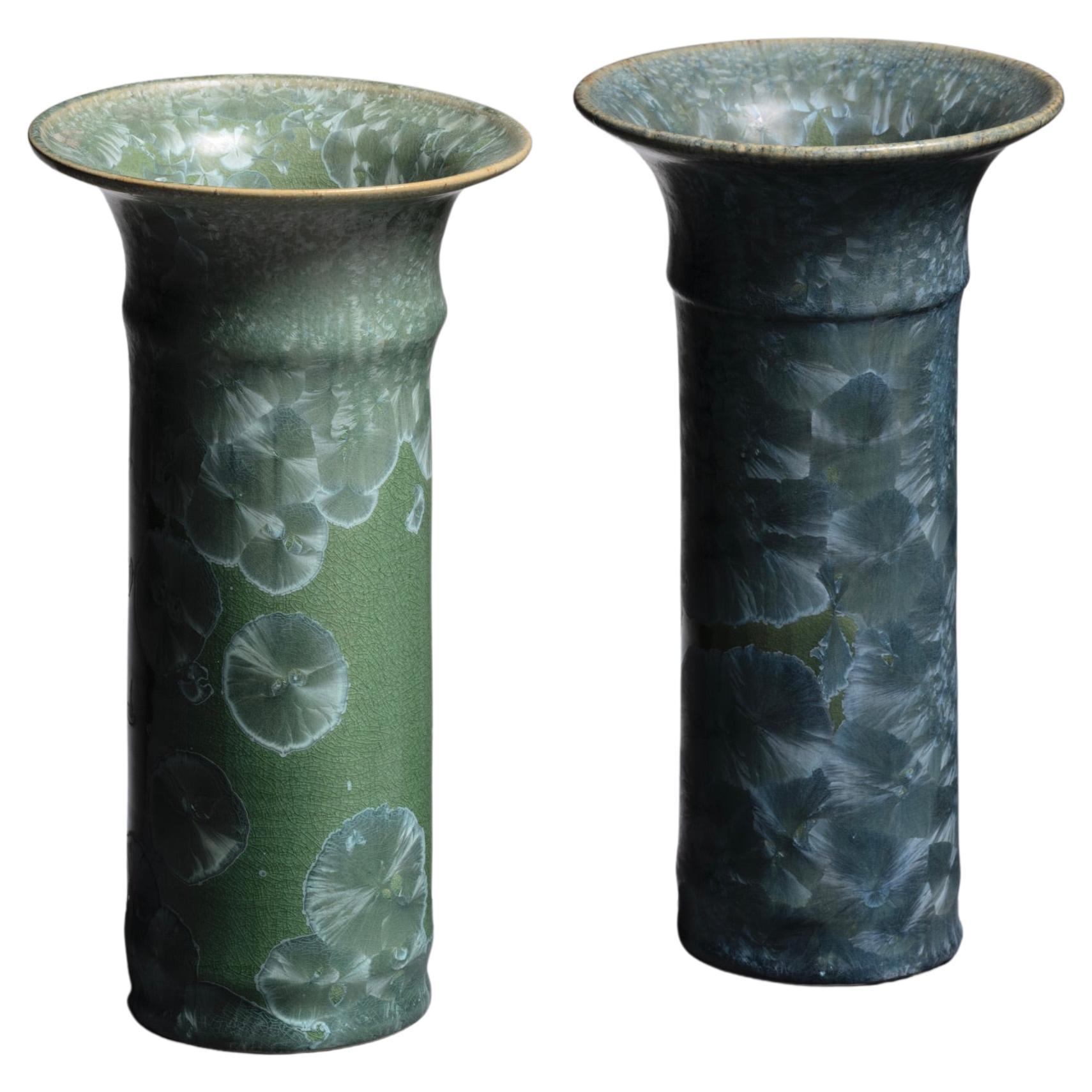 Pair of Albert Kiessling Green Ceramic Vases For Sale