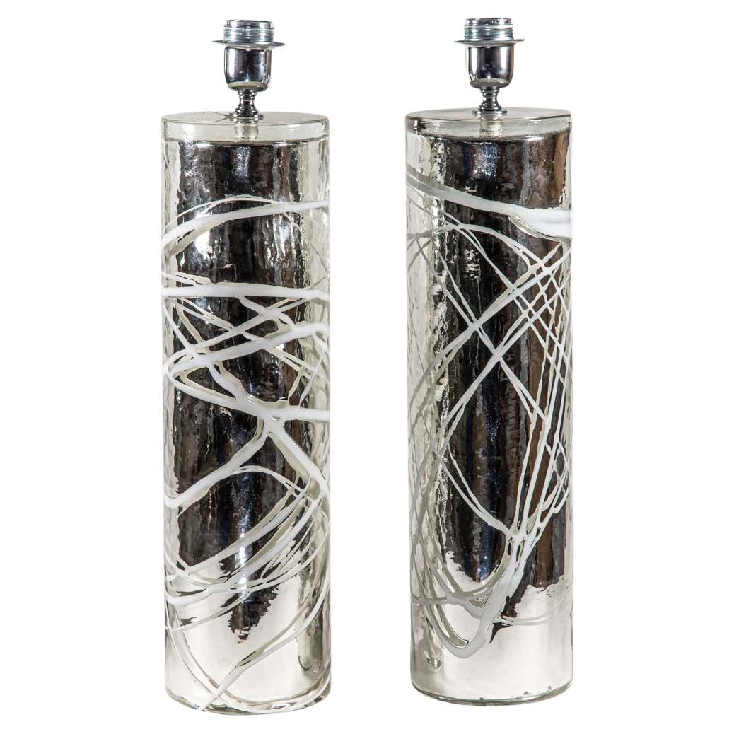 Pair of Alberto Dona hand blown Silver Mirrored Murano glass table lamps in vendita