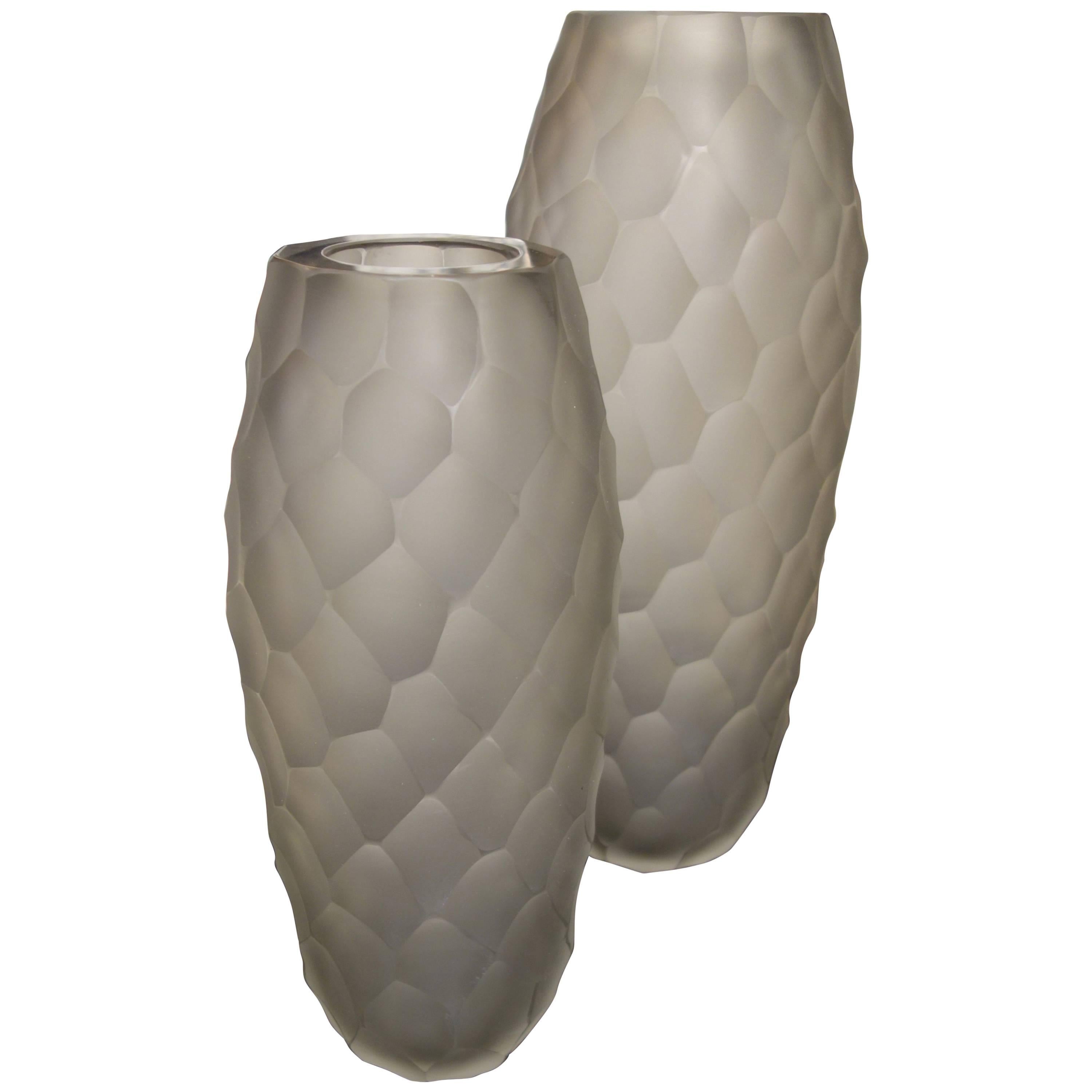 Pair of Alberto Donà Large Gray Frosted Faceted Italian Murano Vases