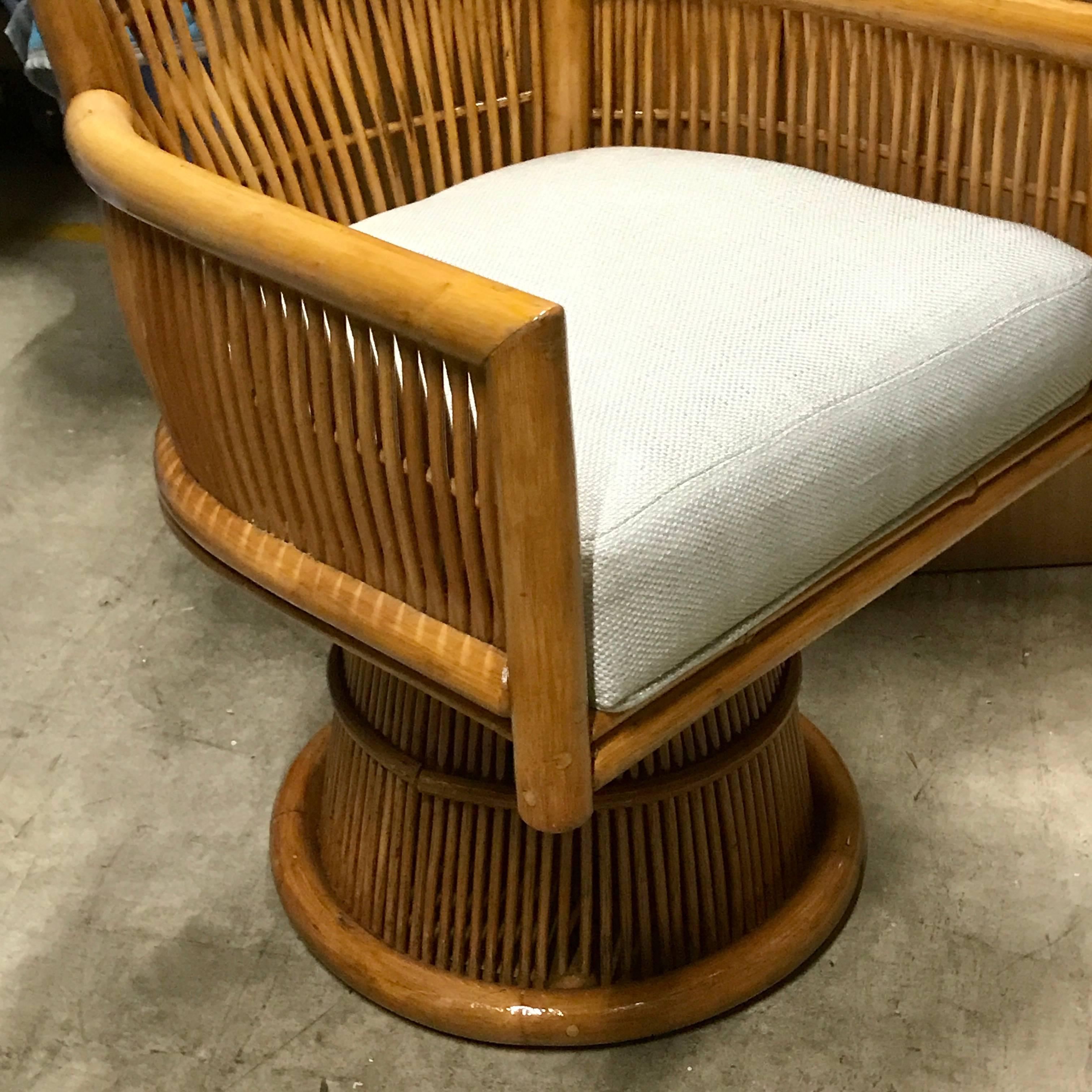 Pair of Albini Style Rattan and Bamboo Swivel Chairs In Excellent Condition In West Palm Beach, FL