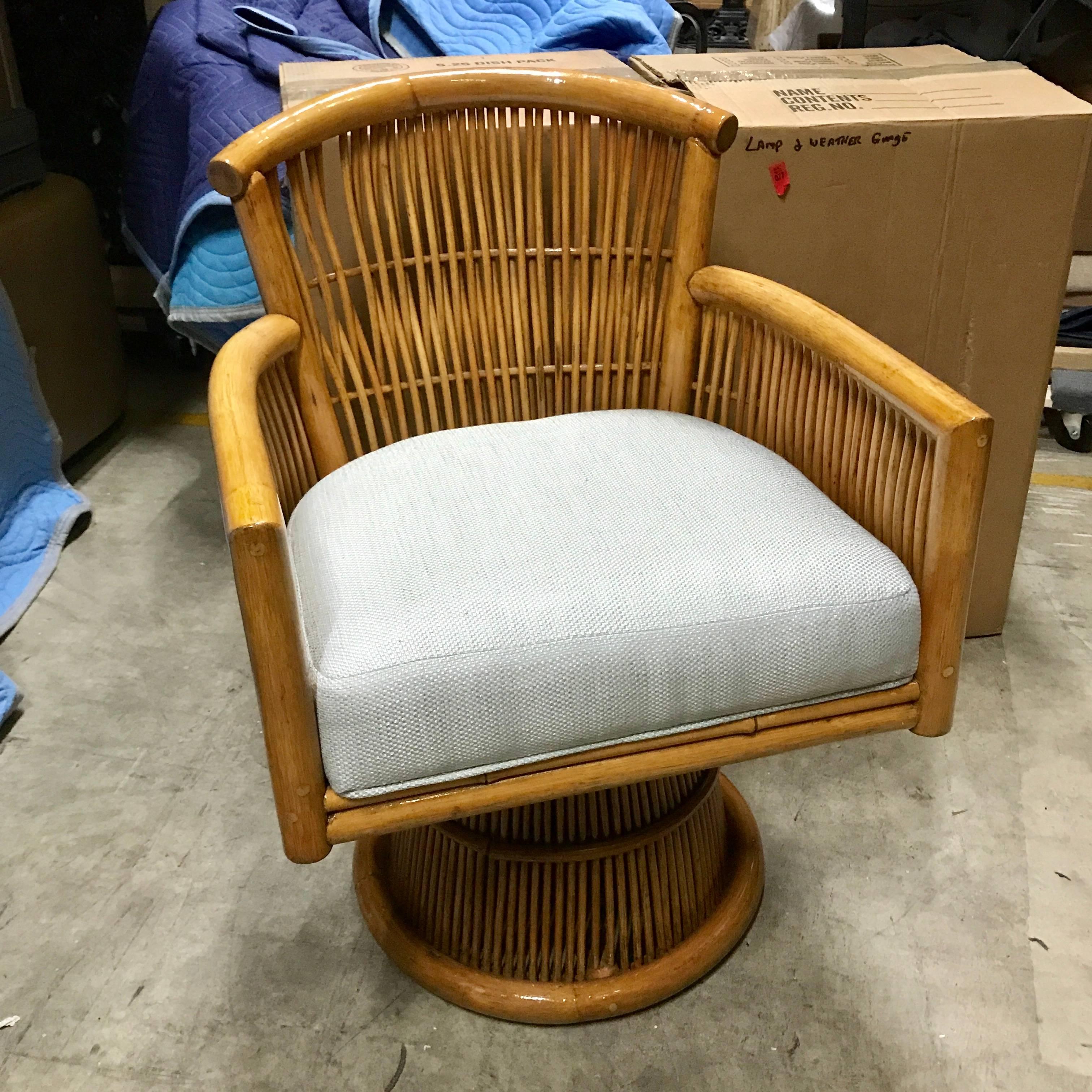 Upholstery Pair of Albini Style Rattan and Bamboo Swivel Chairs