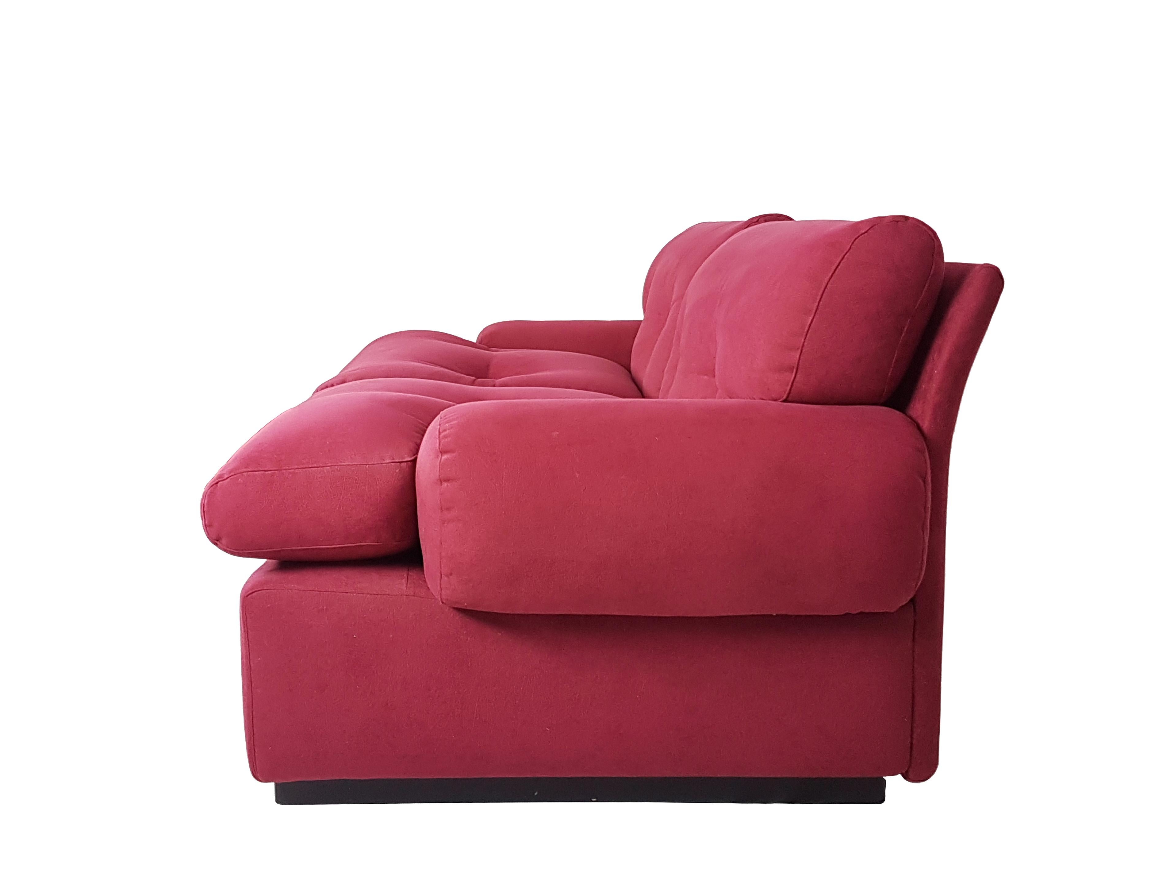Modern Pair of Alcantara Crimson & Wood 2-Seat 1960s Sofa by Cassina For Sale