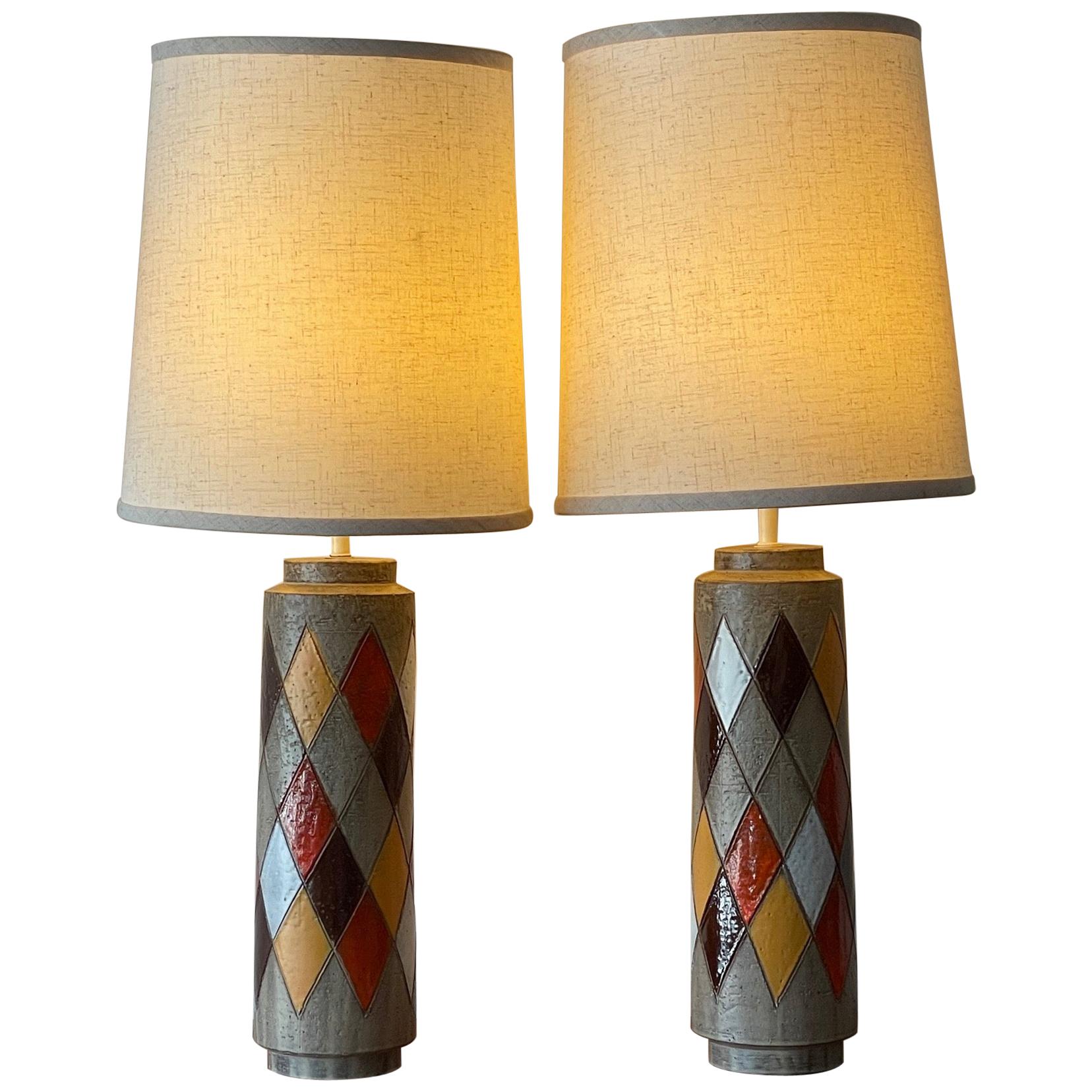 Pair Of Aldo Londi Bitossi Cermaic, Harlequin Ceramic Table Lamp