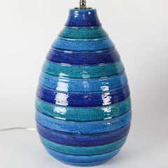 Pair of Aldo Londi for Bitossi Blue and Green Striped Ceramic Lamps, circa 1960s