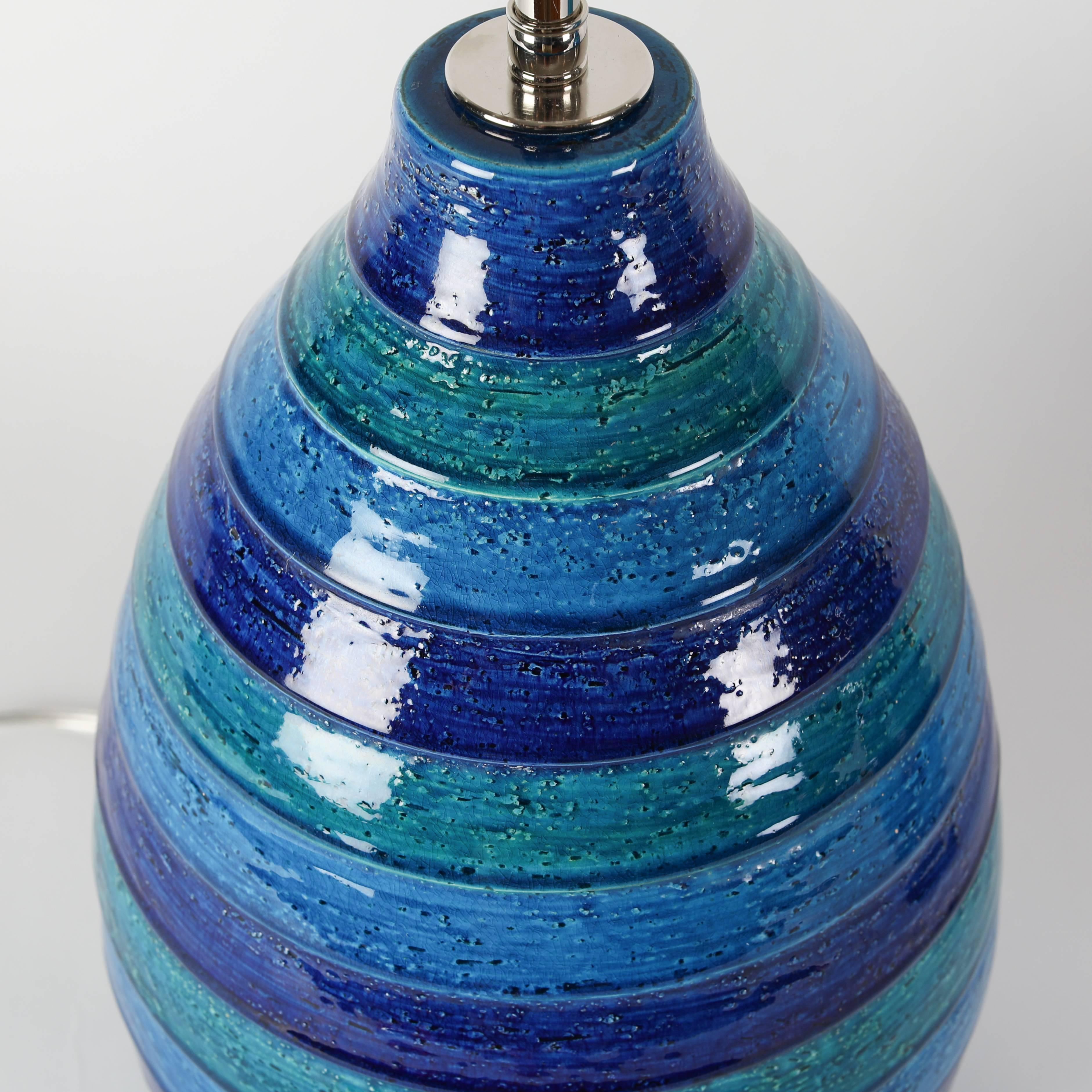 Glazed Pair of Aldo Londi for Bitossi Blue and Green Striped Ceramic Lamps, circa 1960s