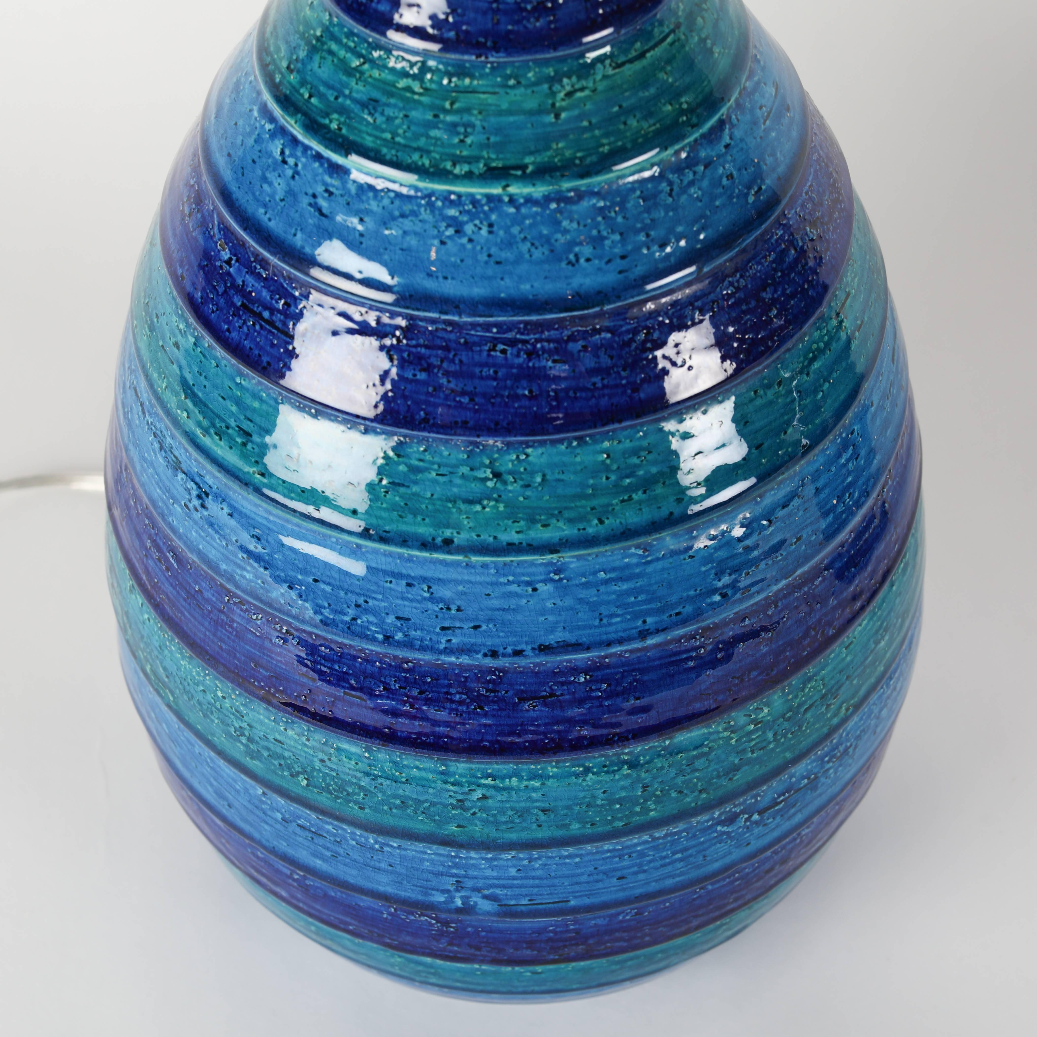 Mid-20th Century Pair of Aldo Londi for Bitossi Blue and Green Striped Ceramic Lamps, circa 1960s