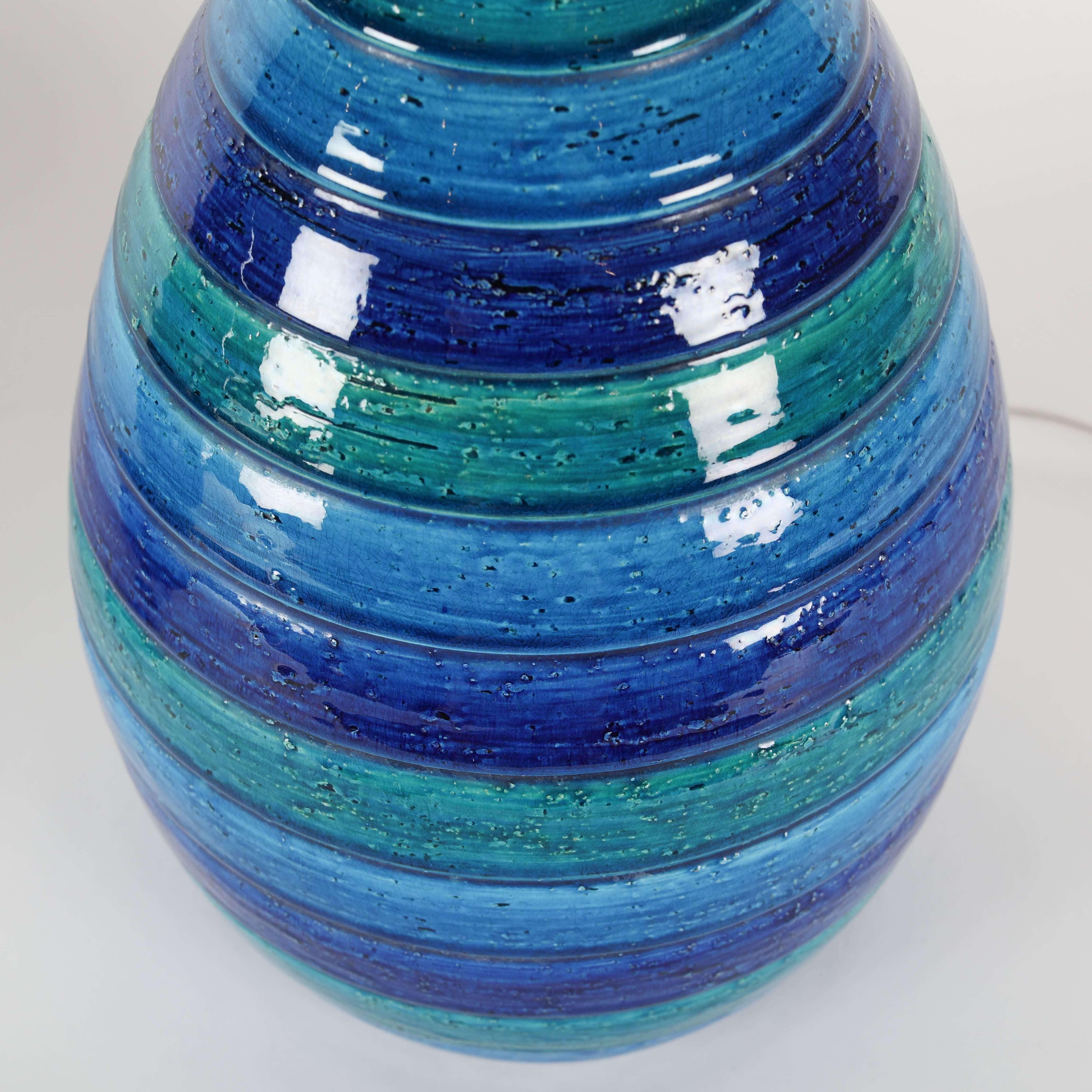 Linen Pair of Aldo Londi for Bitossi Blue and Green Striped Ceramic Lamps, circa 1960s