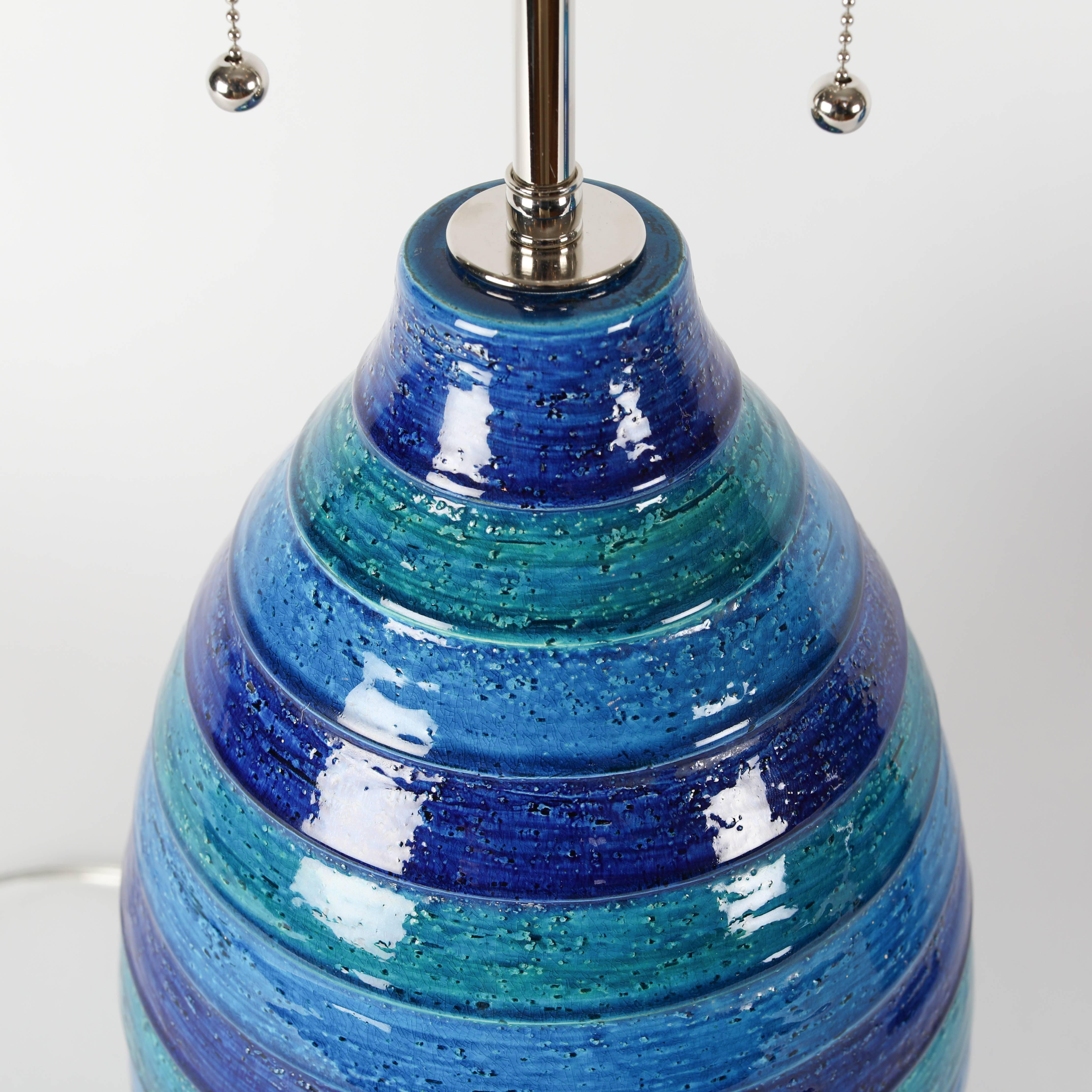 Pair of Aldo Londi for Bitossi Blue and Green Striped Ceramic Lamps, circa 1960s 1