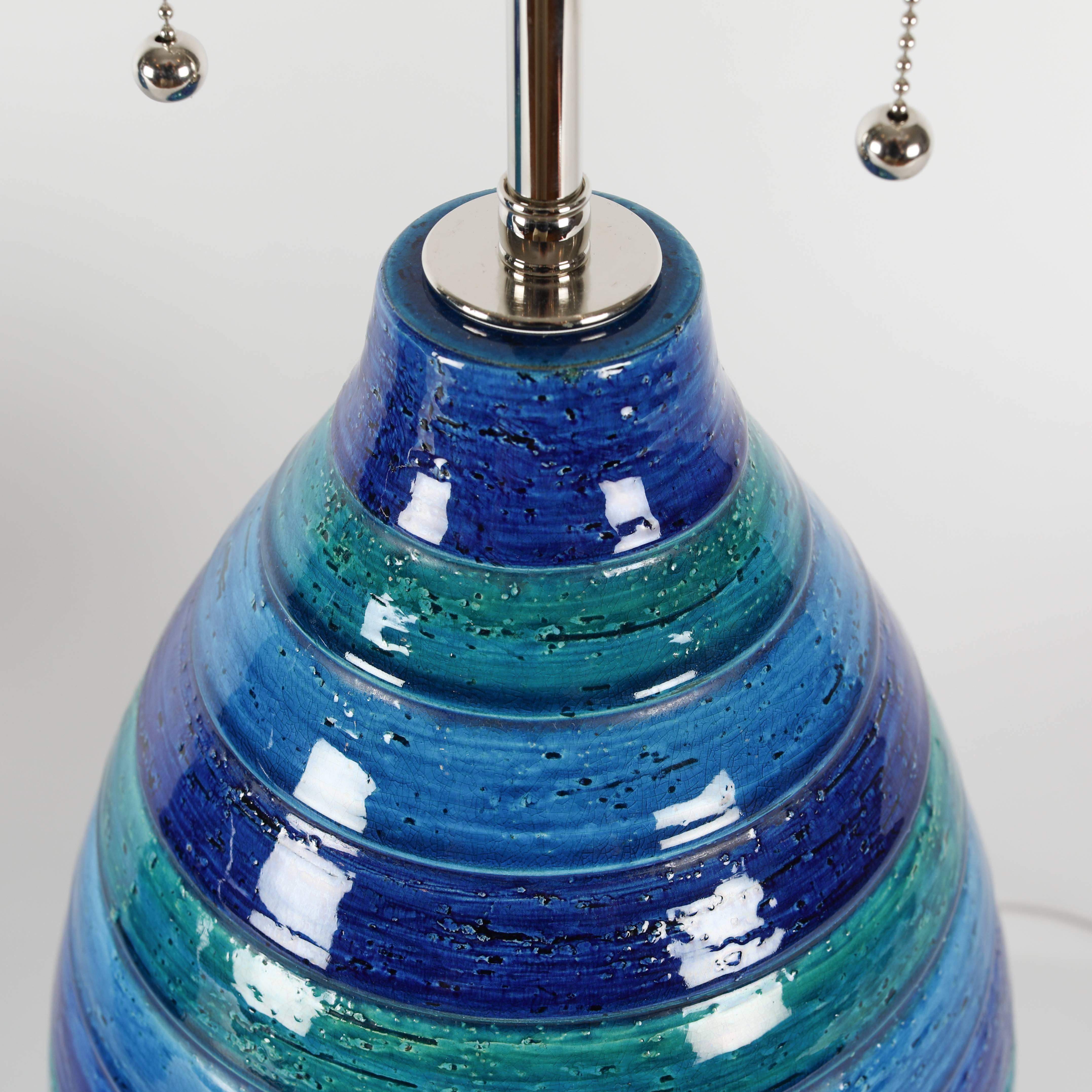 Pair of Aldo Londi for Bitossi Blue and Green Striped Ceramic Lamps, circa 1960s 2