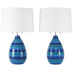 Vintage Pair of Aldo Londi for Bitossi Blue and Green Striped Ceramic Lamps, circa 1960s