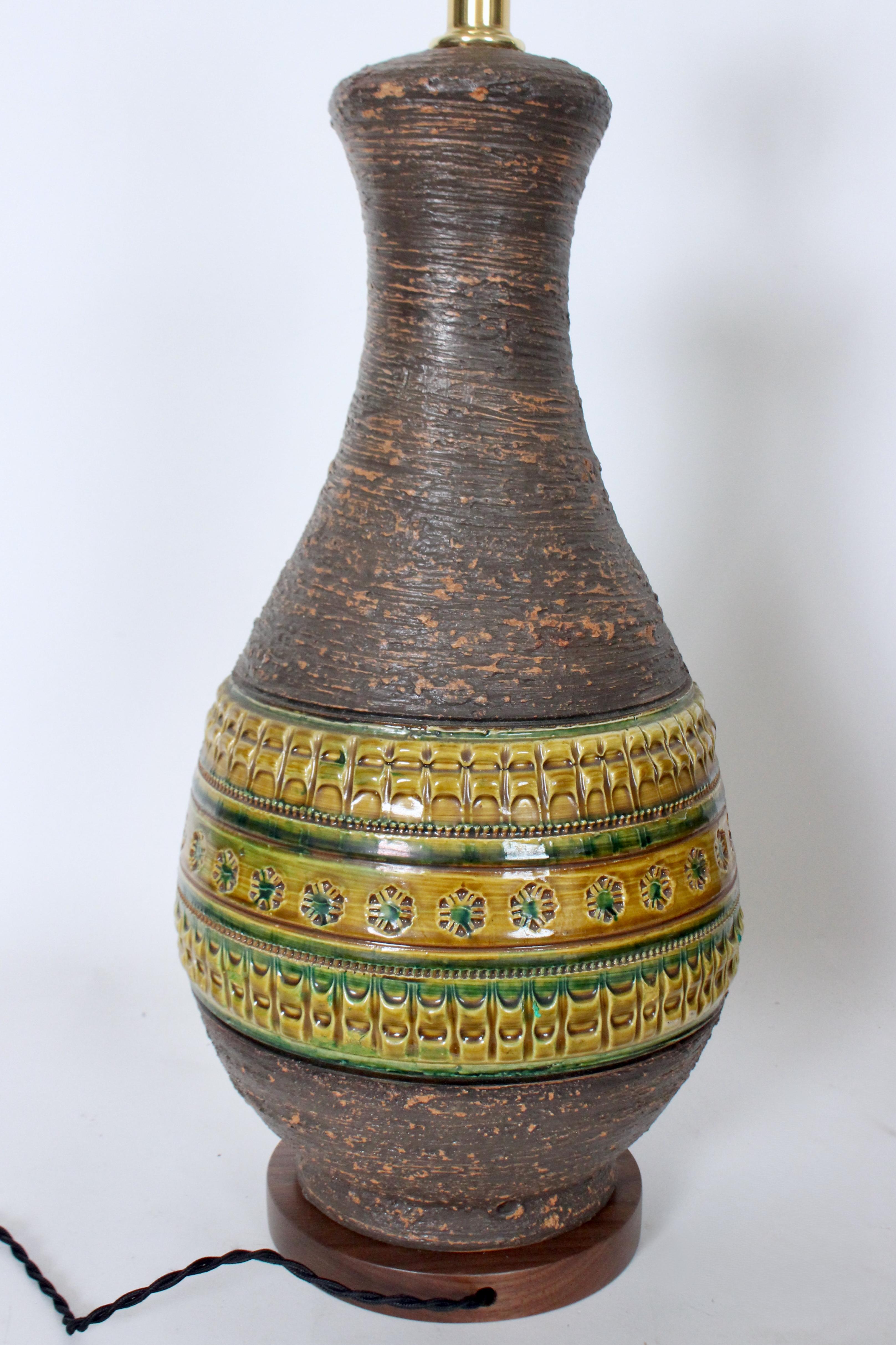Pair of Aldo Londi for Bitossi Green & Ochre Banded Pottery Table Lamps, 1950's For Sale 3