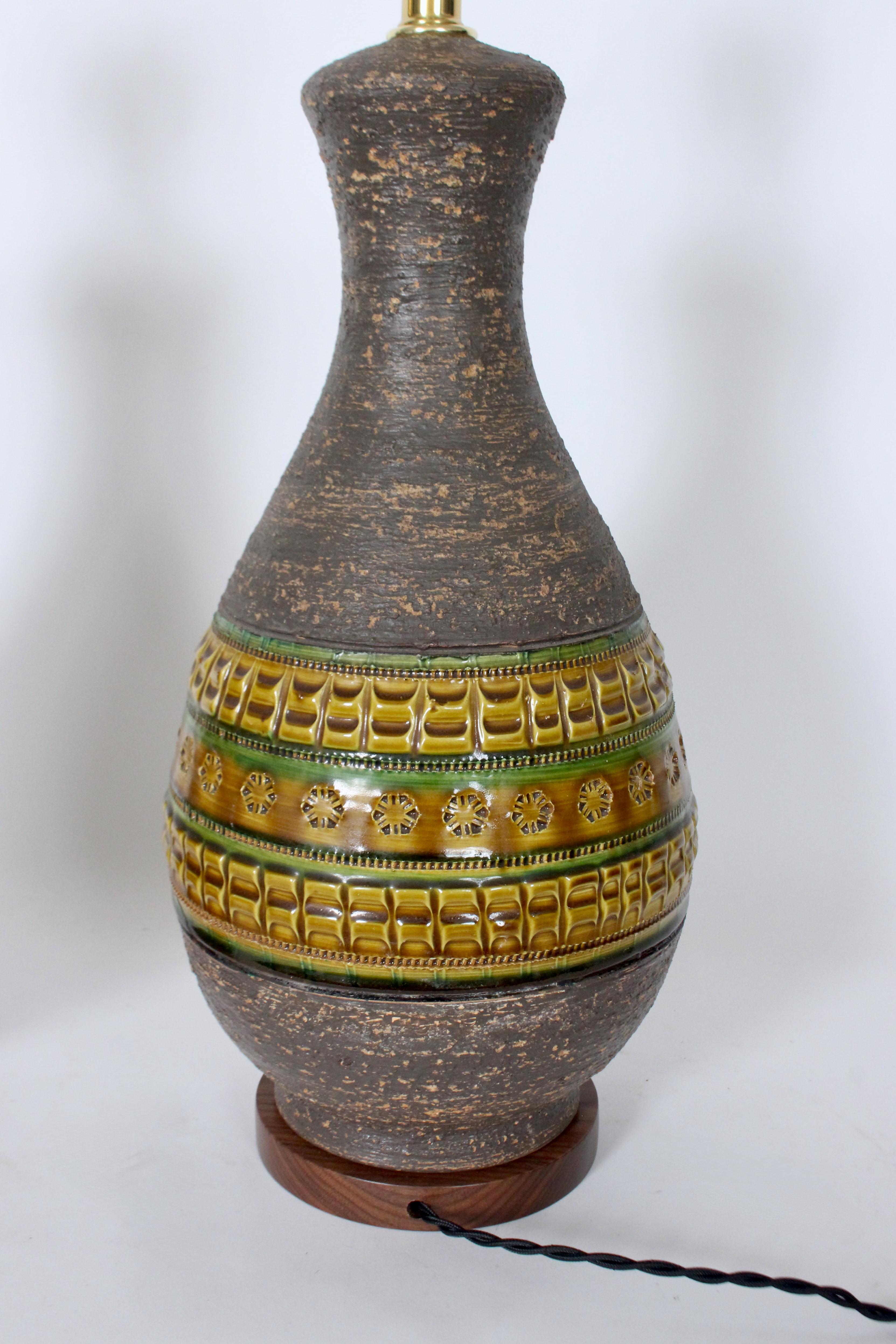 Pair of Aldo Londi for Bitossi Green & Ochre Banded Pottery Table Lamps, 1950's For Sale 4