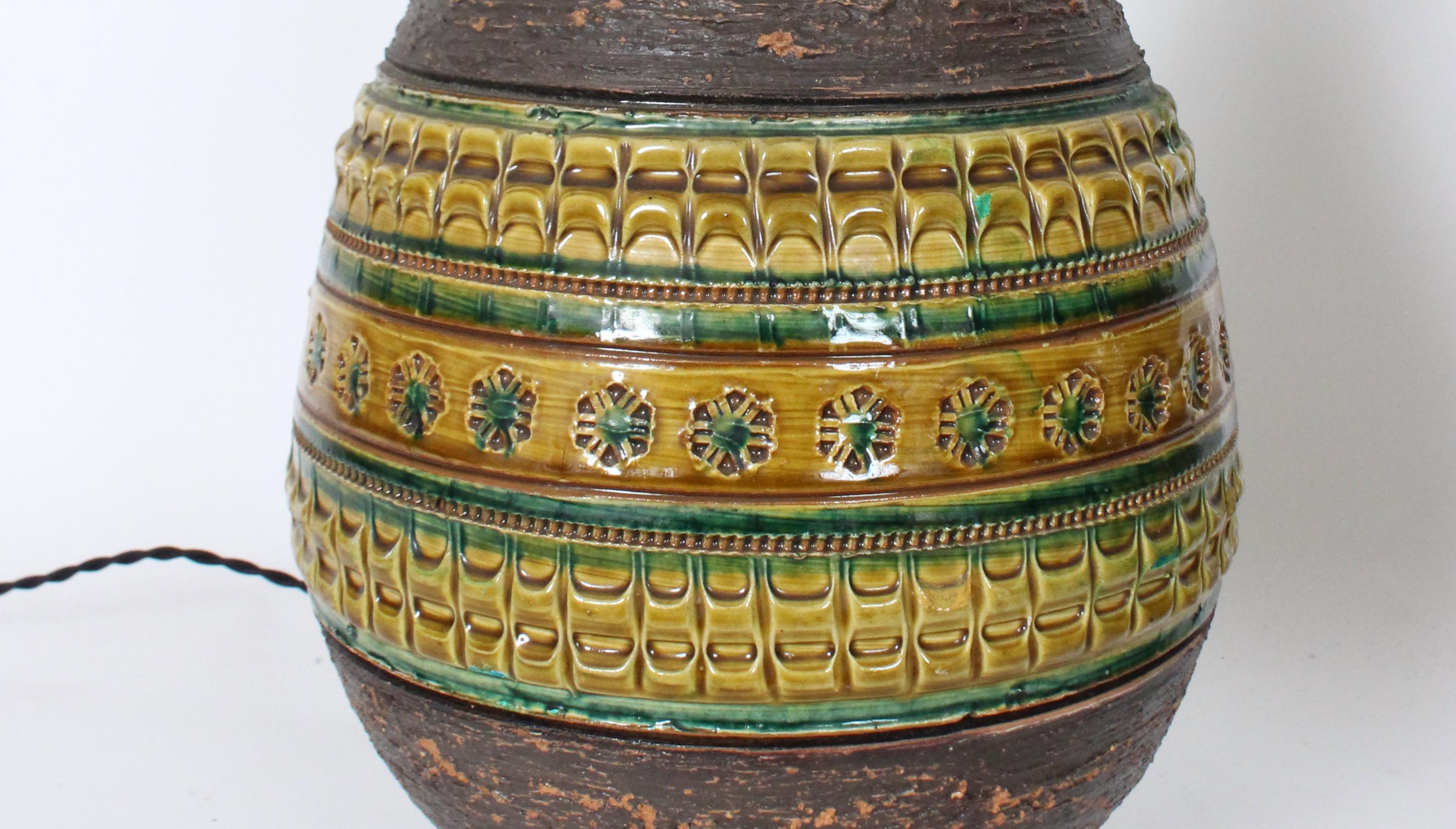 Pair of Aldo Londi for Bitossi Green & Ochre Banded Pottery Table Lamps, 1950's For Sale 5