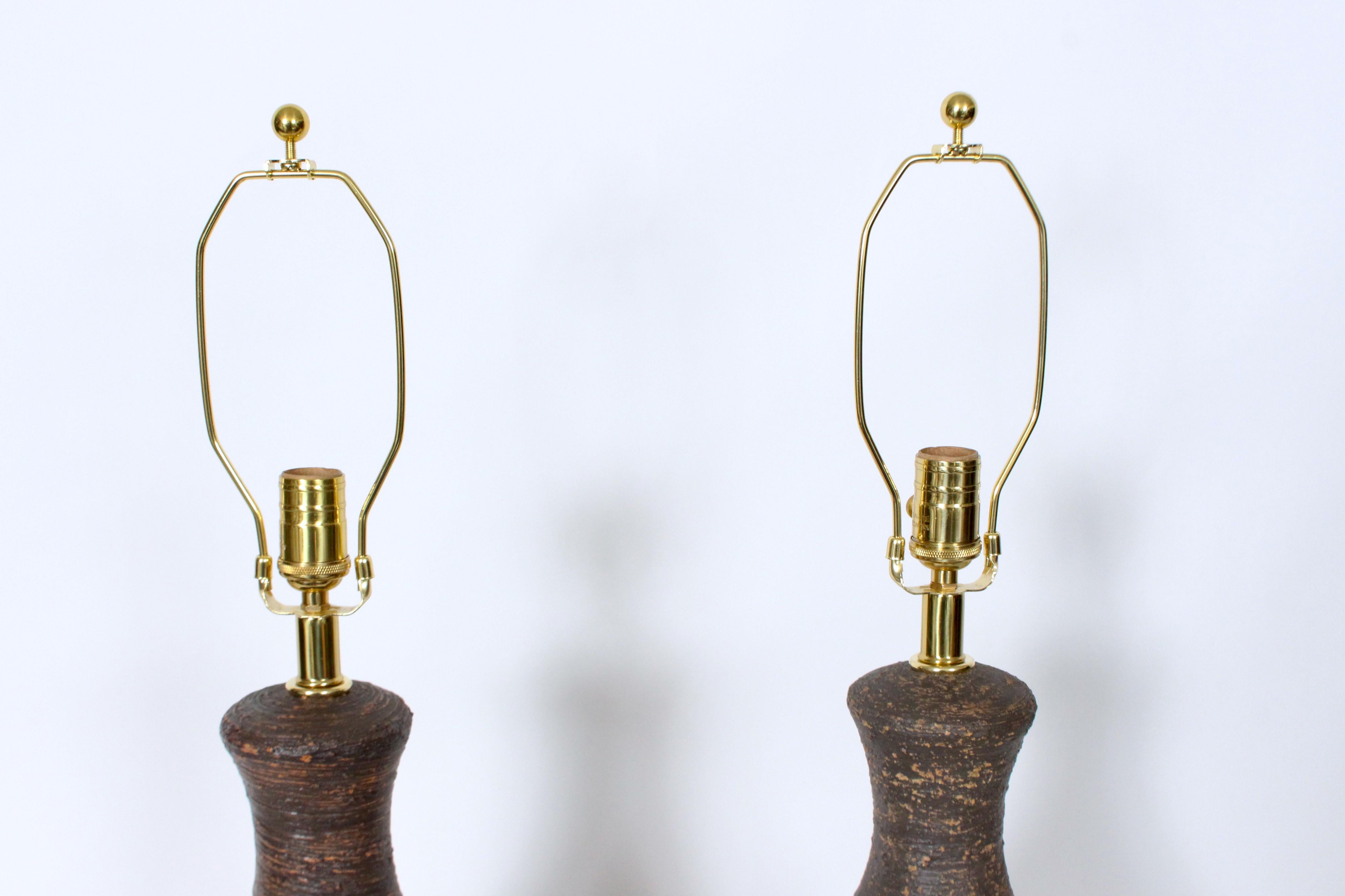 Mid-20th Century Pair of Aldo Londi for Bitossi Green & Ochre Banded Pottery Table Lamps, 1950's For Sale