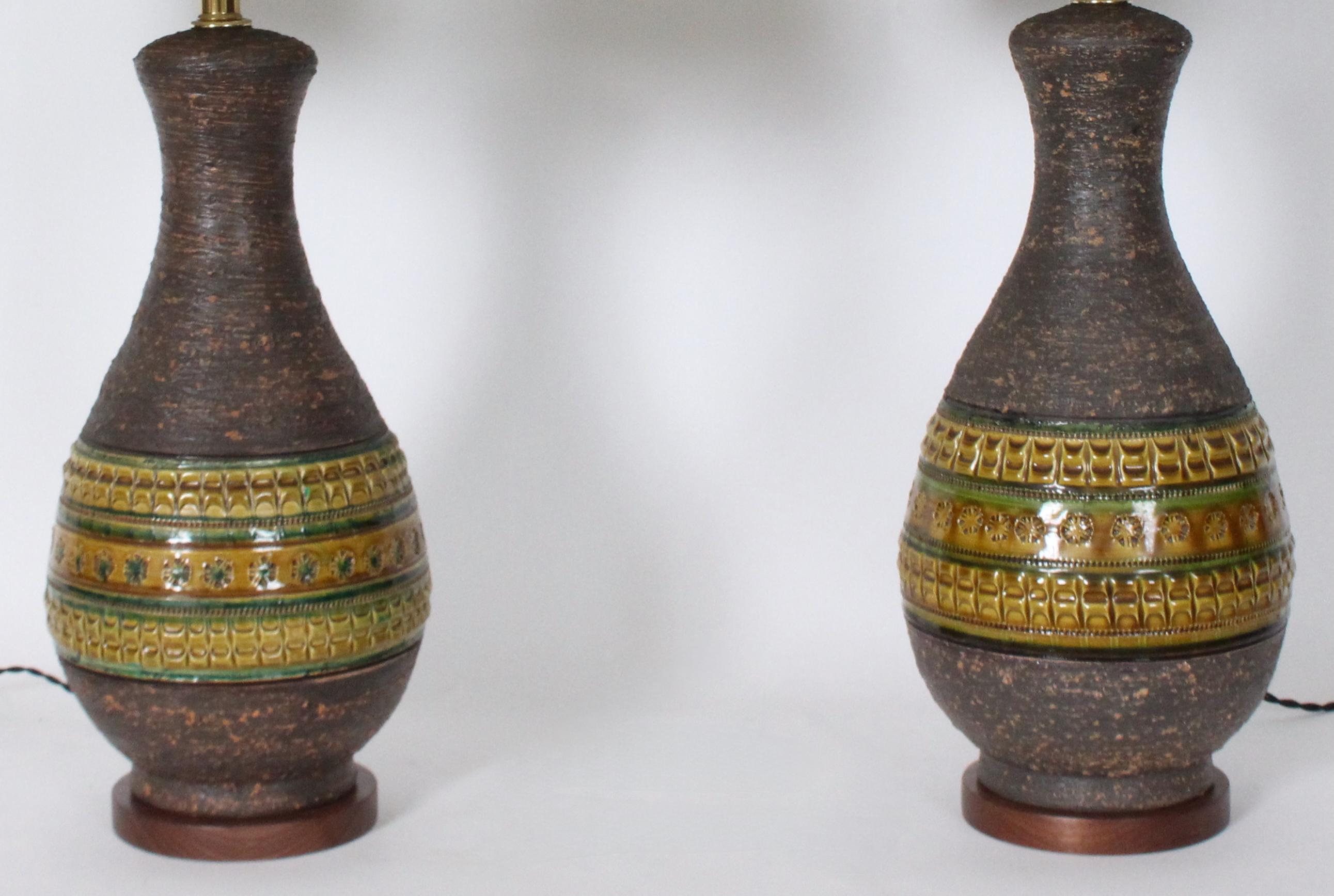 Brass Pair of Aldo Londi for Bitossi Green & Ochre Banded Pottery Table Lamps, 1950's For Sale