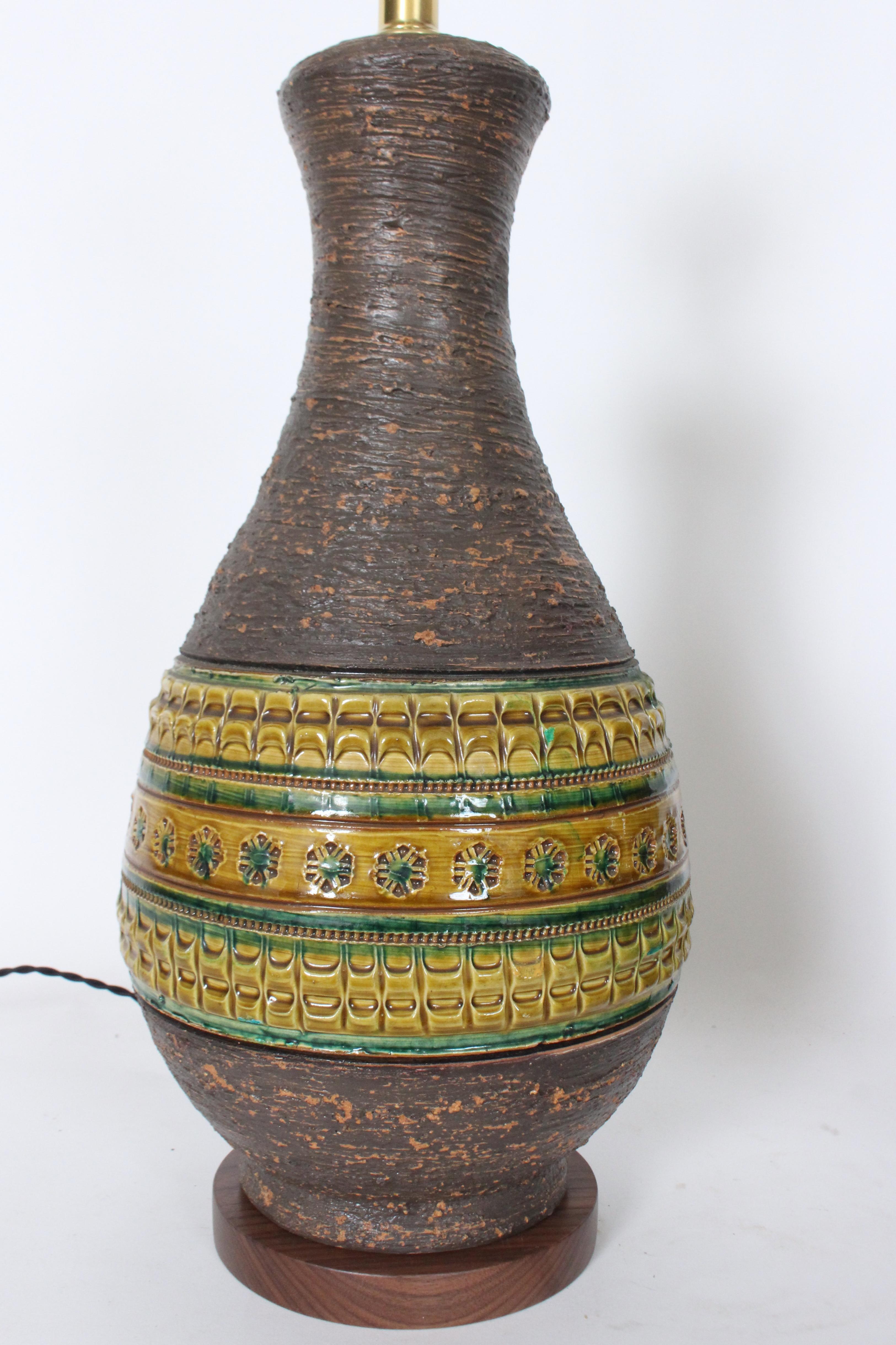 Pair of Aldo Londi for Bitossi Green & Ochre Banded Pottery Table Lamps, 1950's For Sale 1