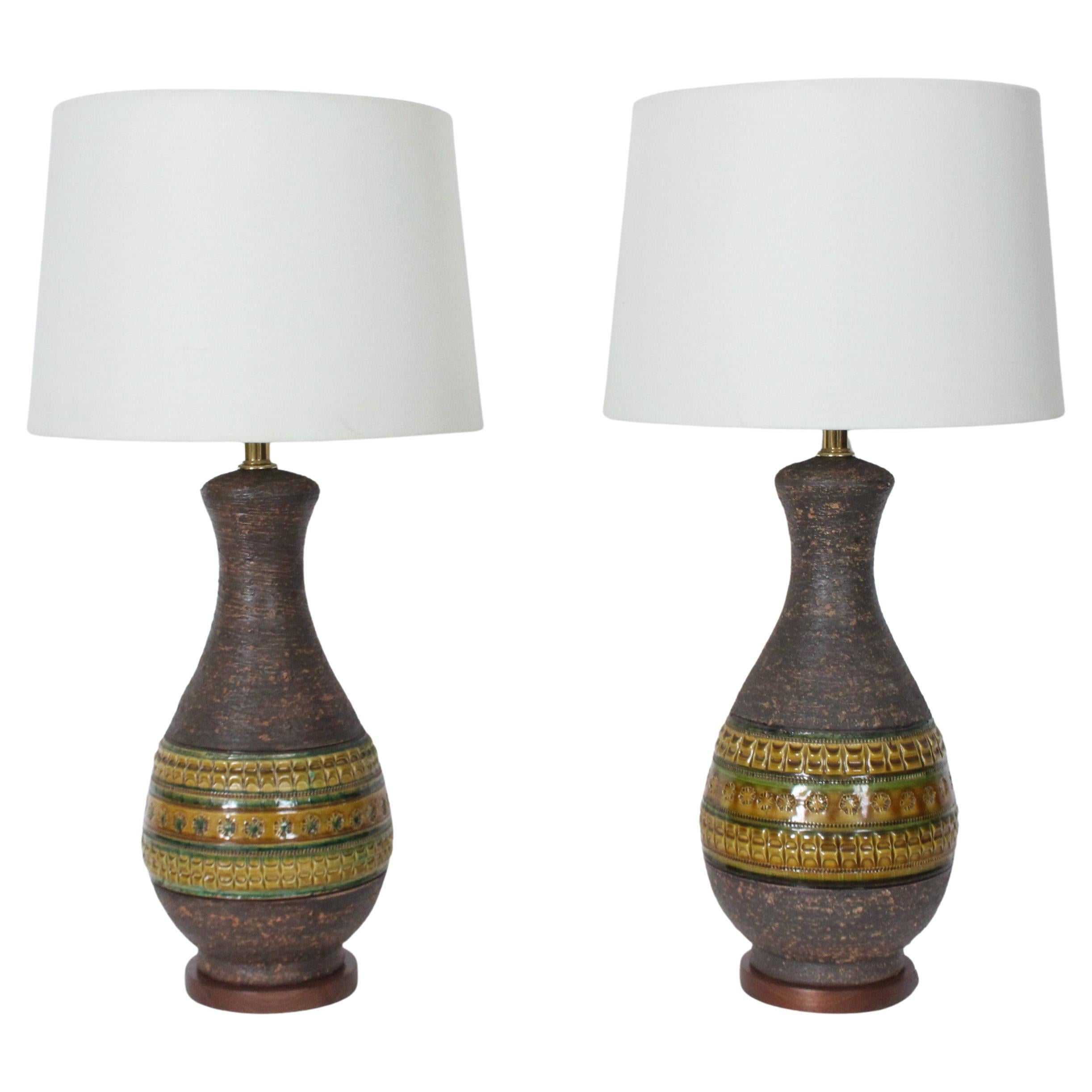 Pair of Aldo Londi for Bitossi Green & Ochre Banded Pottery Table Lamps, 1950's For Sale