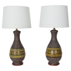 Pair of Aldo Londi for Bitossi Green & Ochre Banded Pottery Table Lamps, 1950's