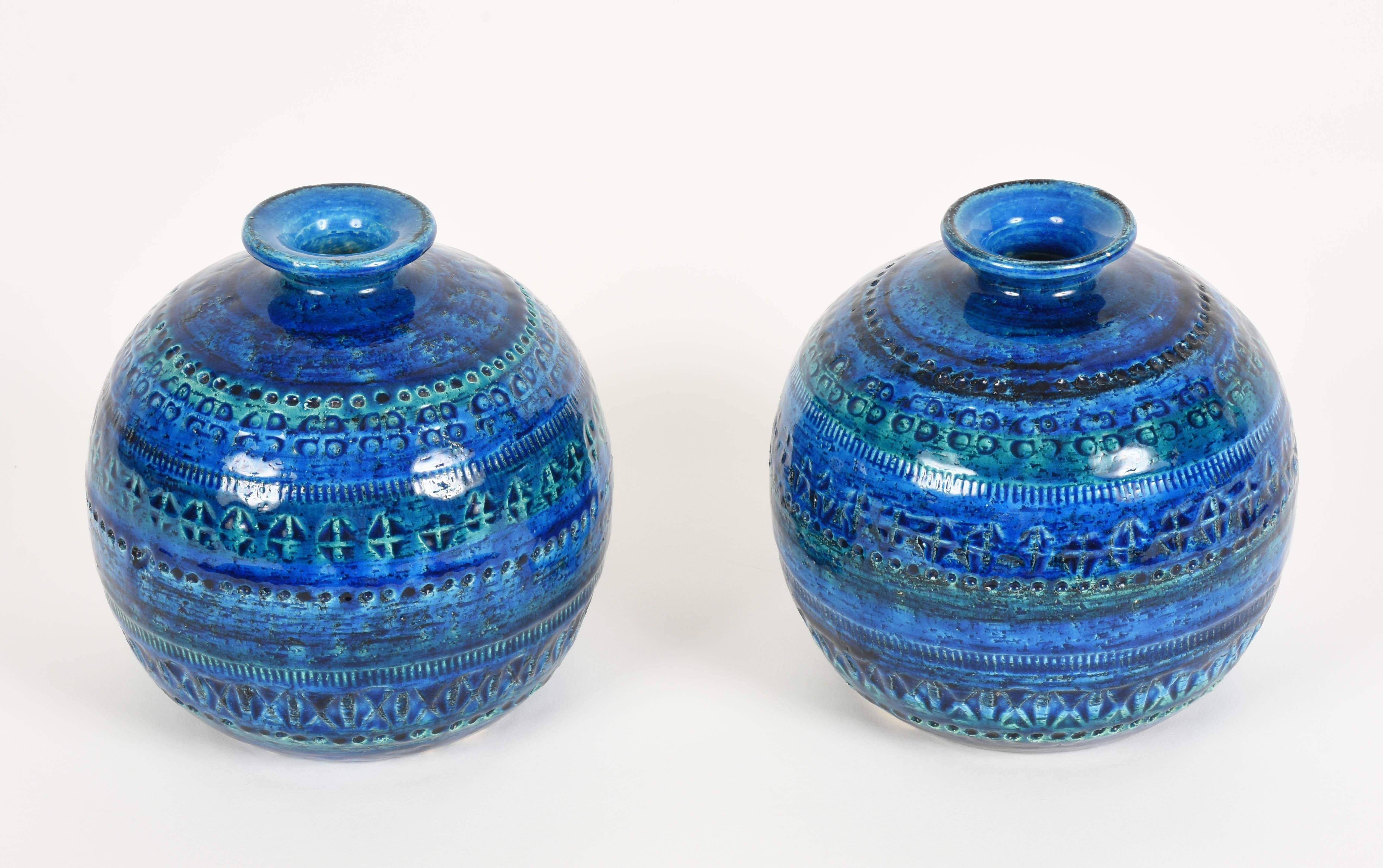 Mid-Century Modern Pair of Aldo Londi Terracotta Ceramic Rimini Blue Vases for Bitossi, Italy 1960s