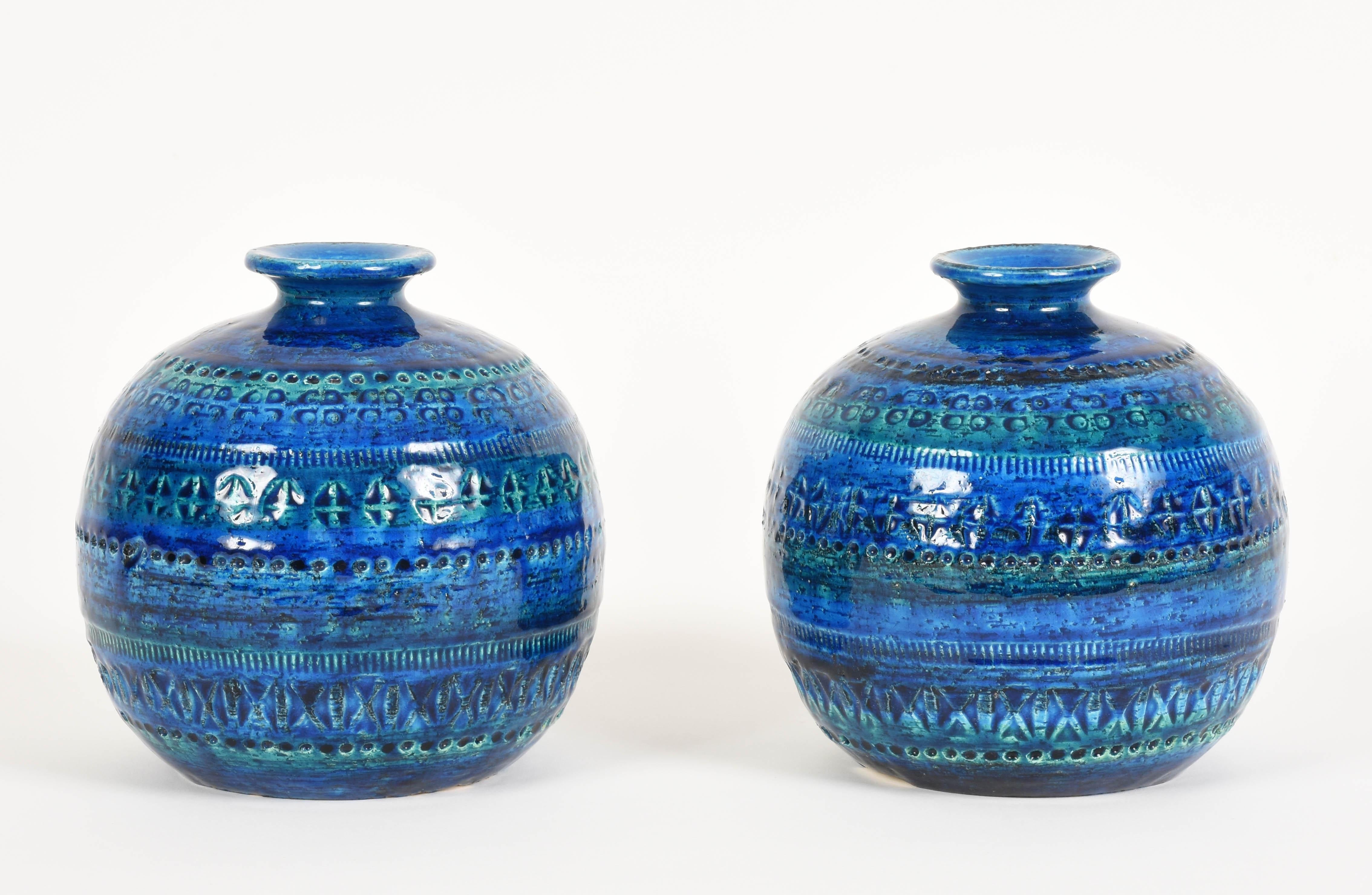 Italian Pair of Aldo Londi Terracotta Ceramic Rimini Blue Vases for Bitossi, Italy 1960s