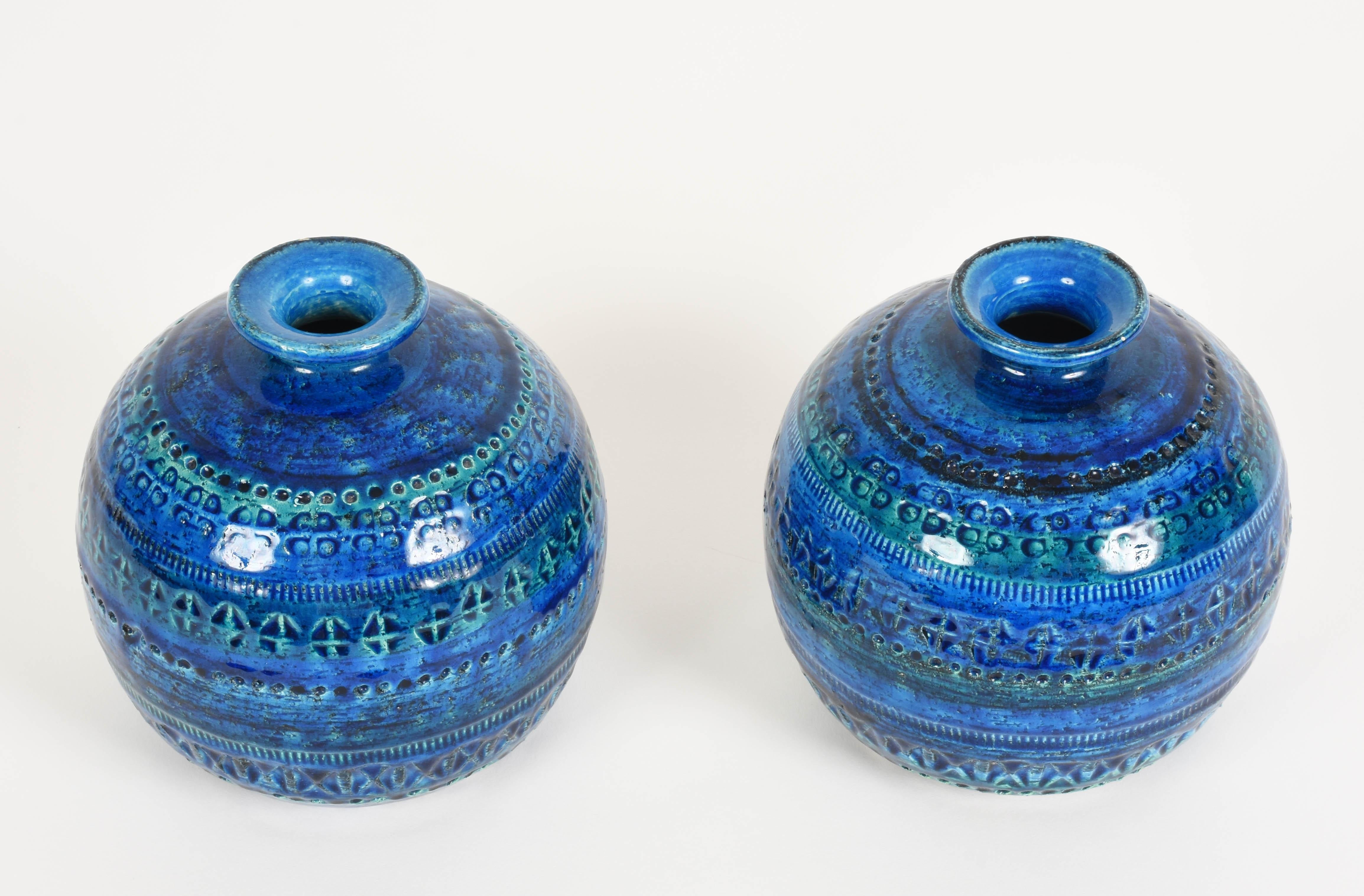 Glazed Pair of Aldo Londi Terracotta Ceramic Rimini Blue Vases for Bitossi, Italy 1960s