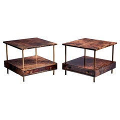 Pair of Aldo Tura Side Tables in lacquered leather and brass, Italy - 1950s 