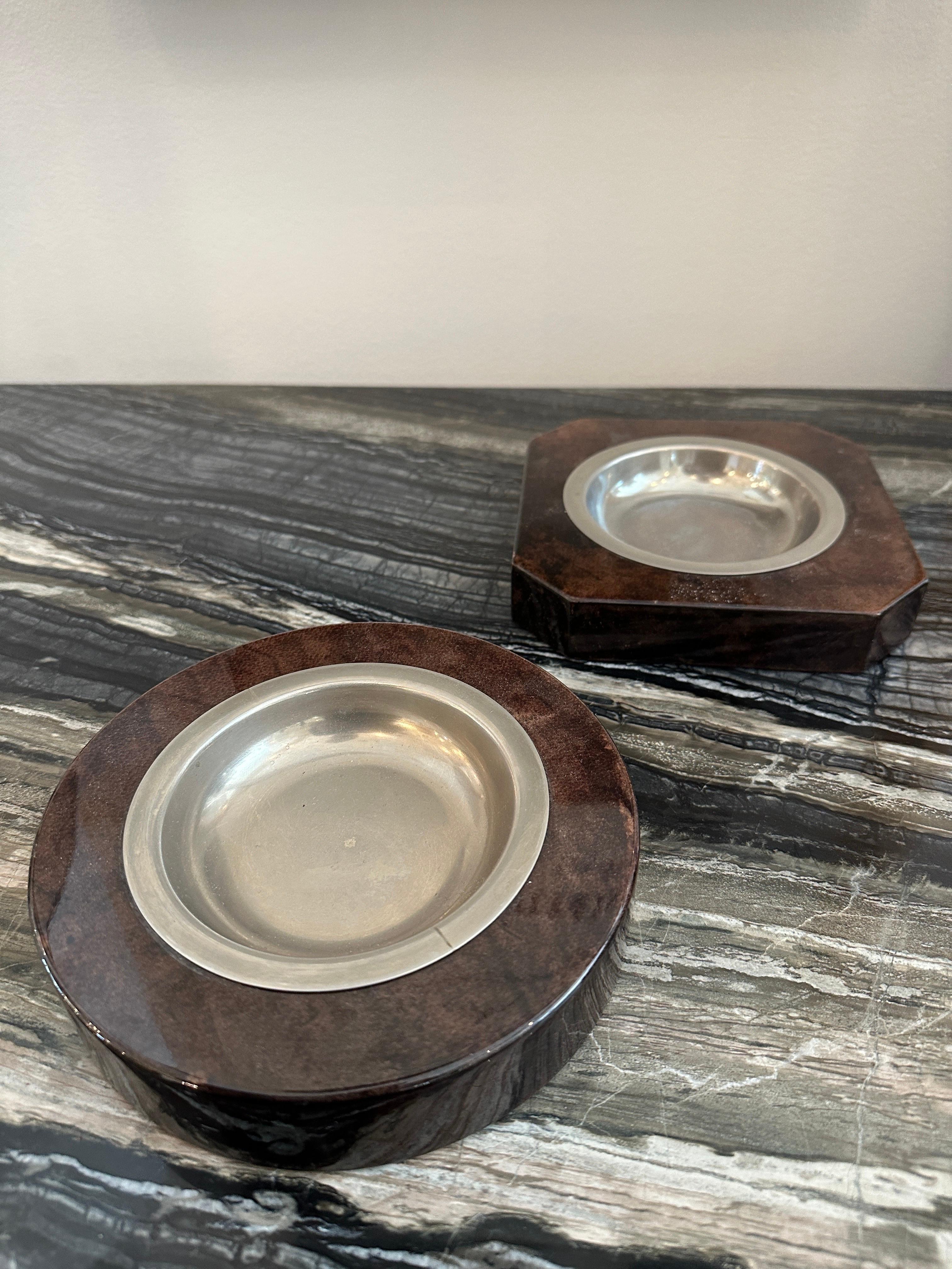 Mid-Century Modern Pair of Aldo Tura Vintage Goatskin Bowls/ Vide-Poches For Sale