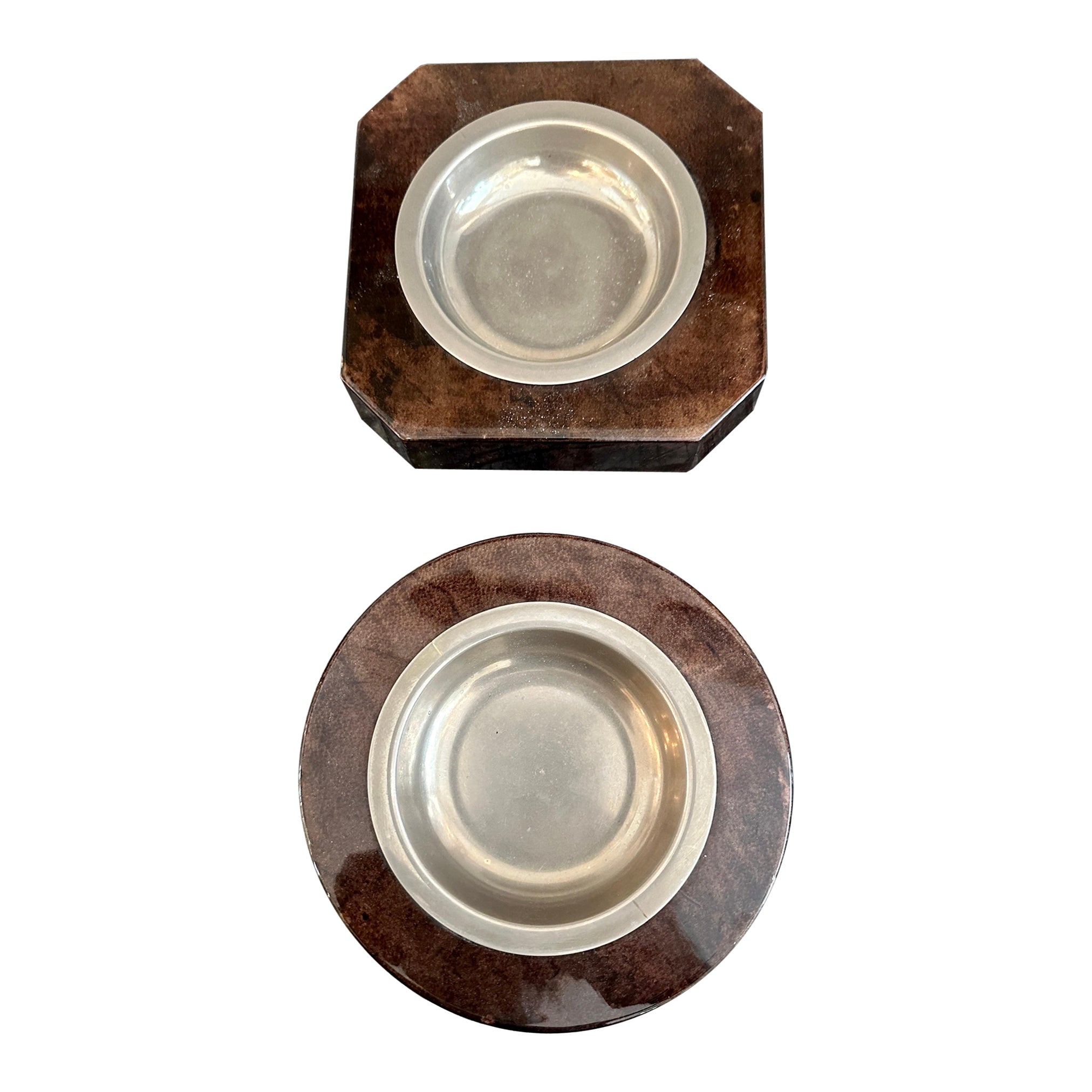 Paire de bols/ Vide-Poches vintage Aldo Tura en peau de chèvre