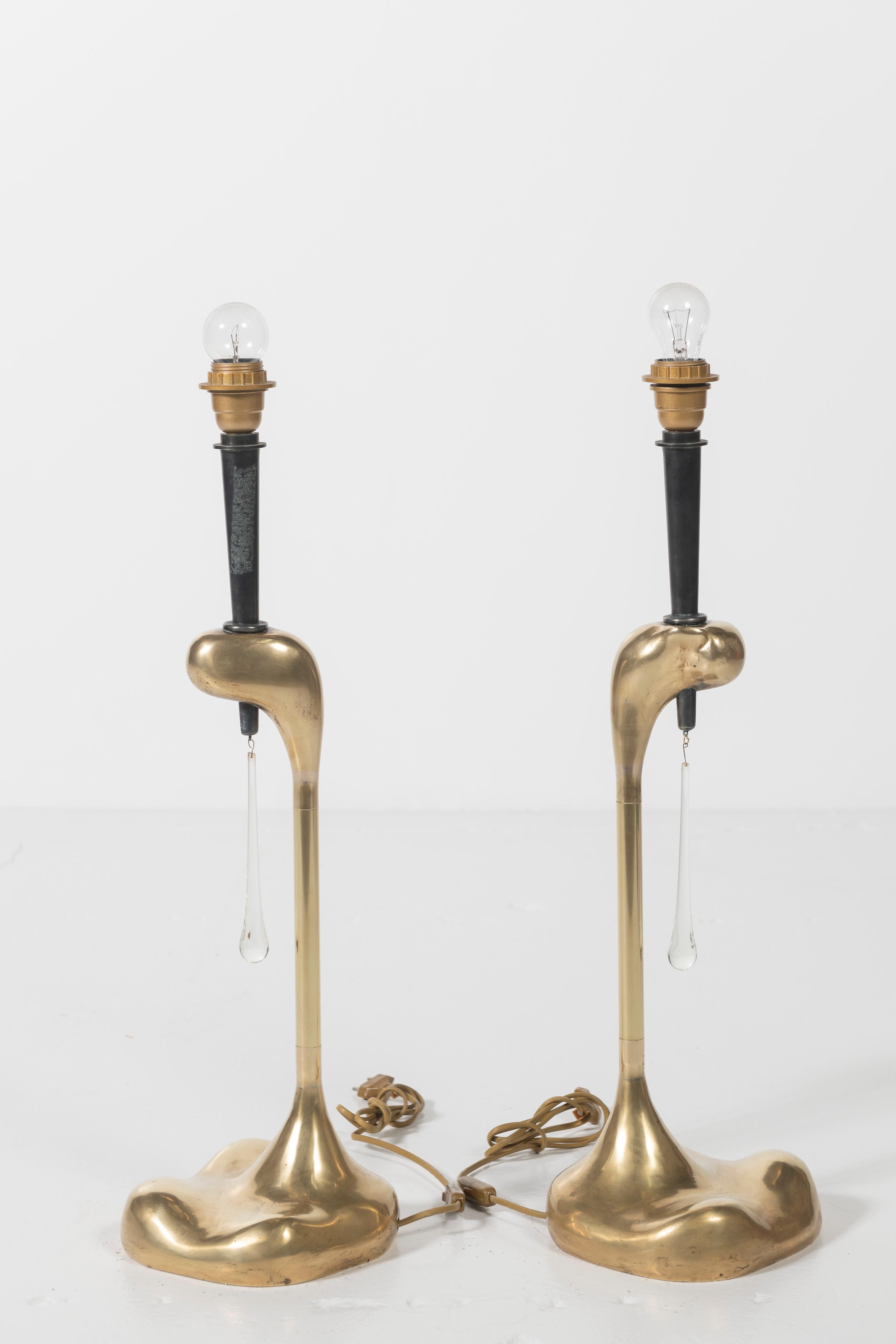Pair of Alessandro Banci Italian Mid-Century Table Lamps in Cast Brass and Glass 1