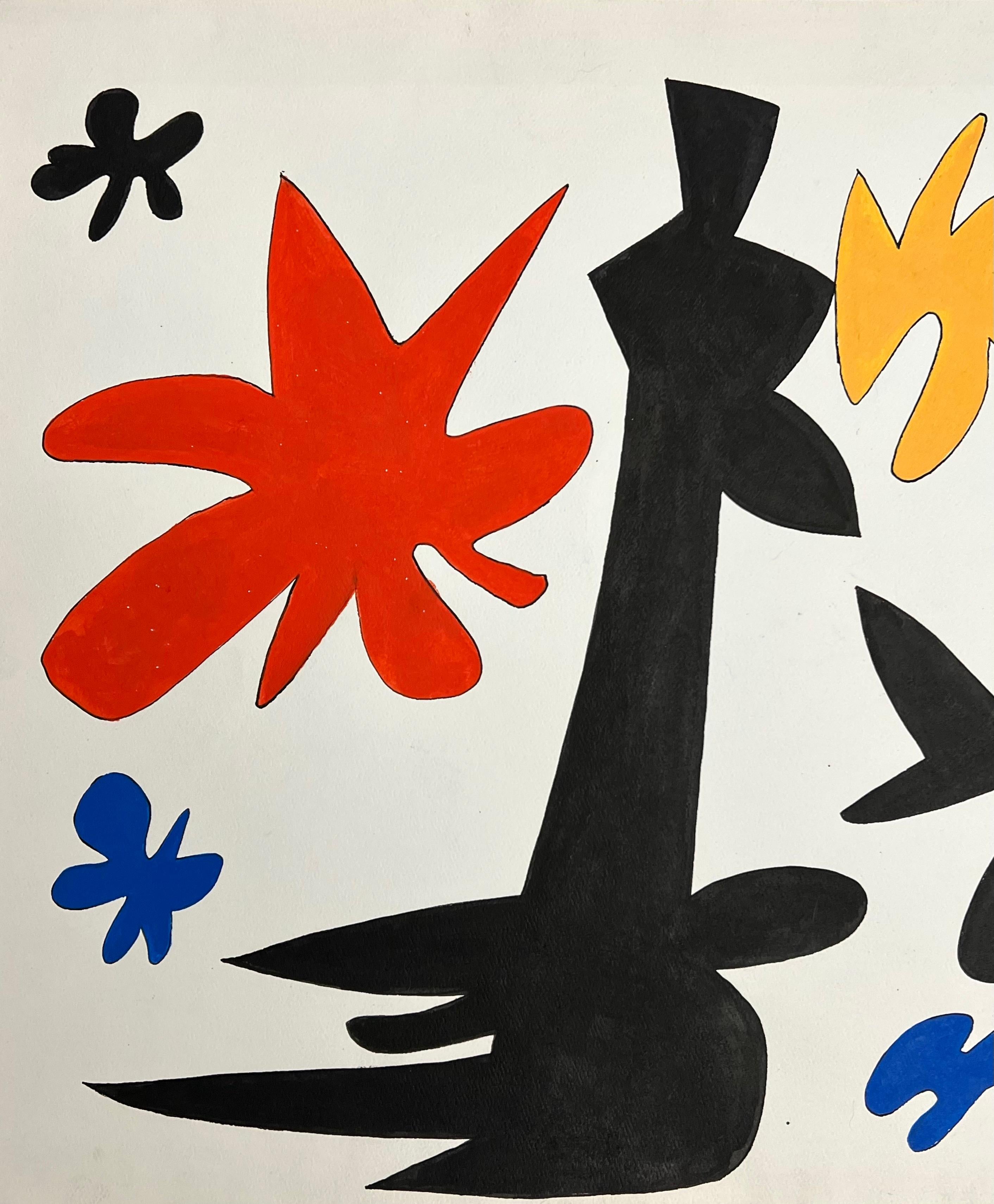 Sehr dekoratives Paar Gouachen im Stil von Alexander Calder aus den 1980er Jahren von einem Künstler aus dem Nordosten. Diese haben eine große visuelle Wirkung in dieser primären Calder-Palette und sind unglaublich visuell. Rückseitig datiert.